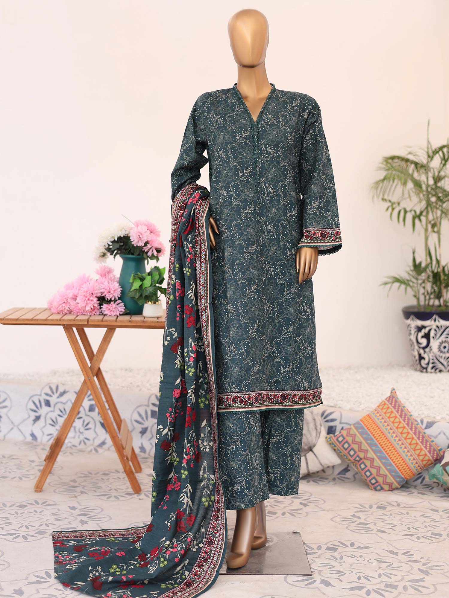 Bin Saeed Winter Khaddar Dark Teal 3-Piece Suit