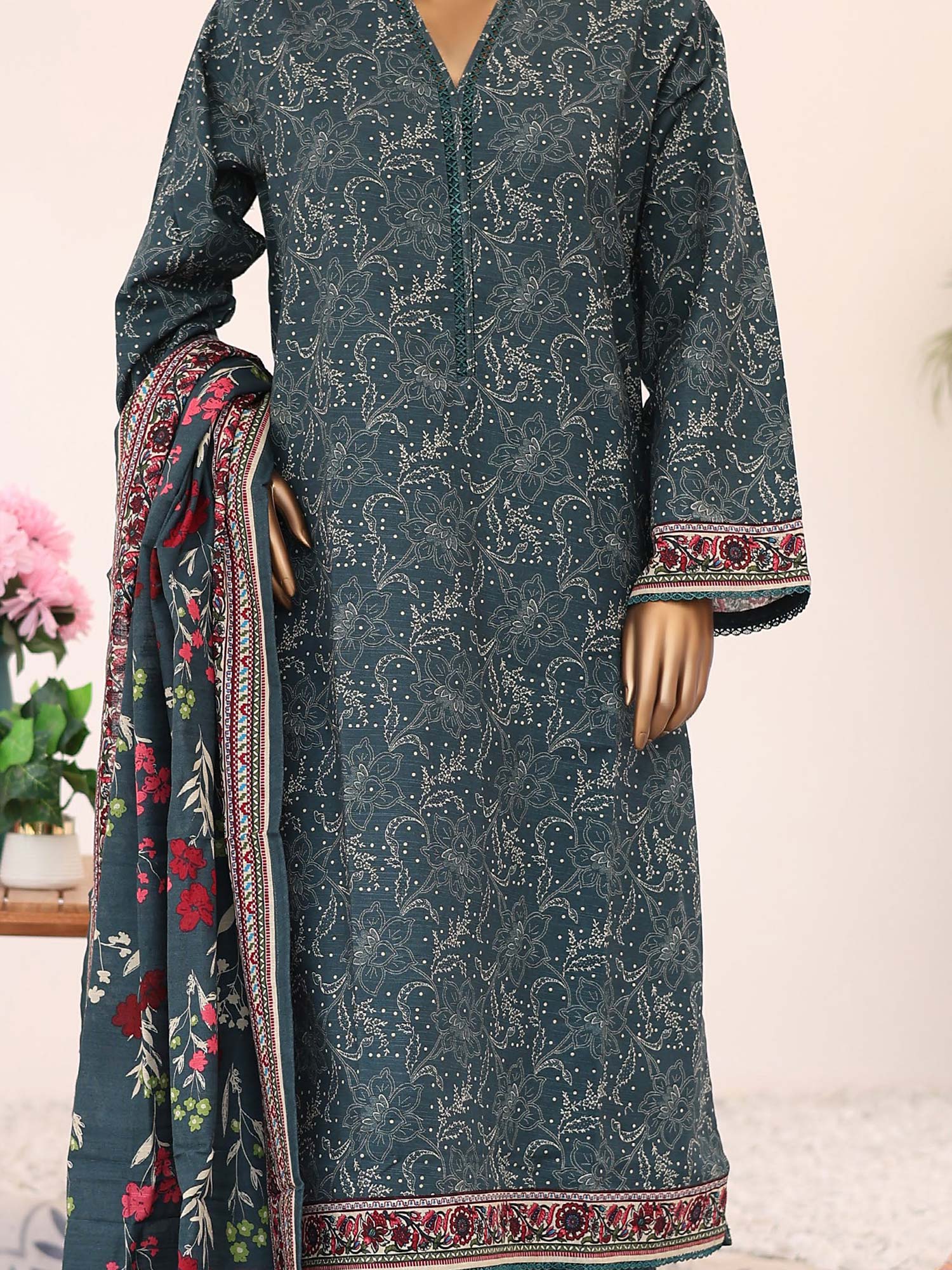 Bin Saeed Winter Khaddar Dark Teal 3-Piece Suit