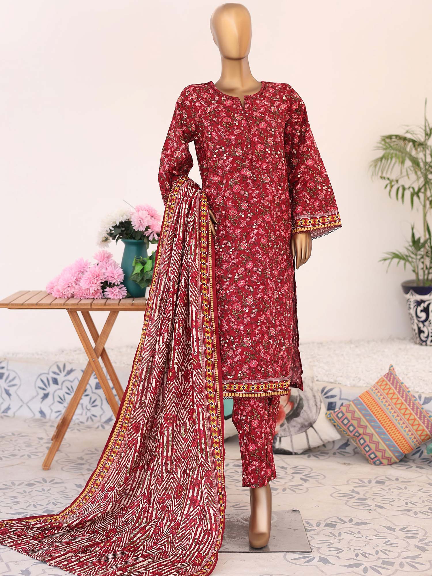 Bin Saeed Winter Khaddar Red 3-Piece Suit