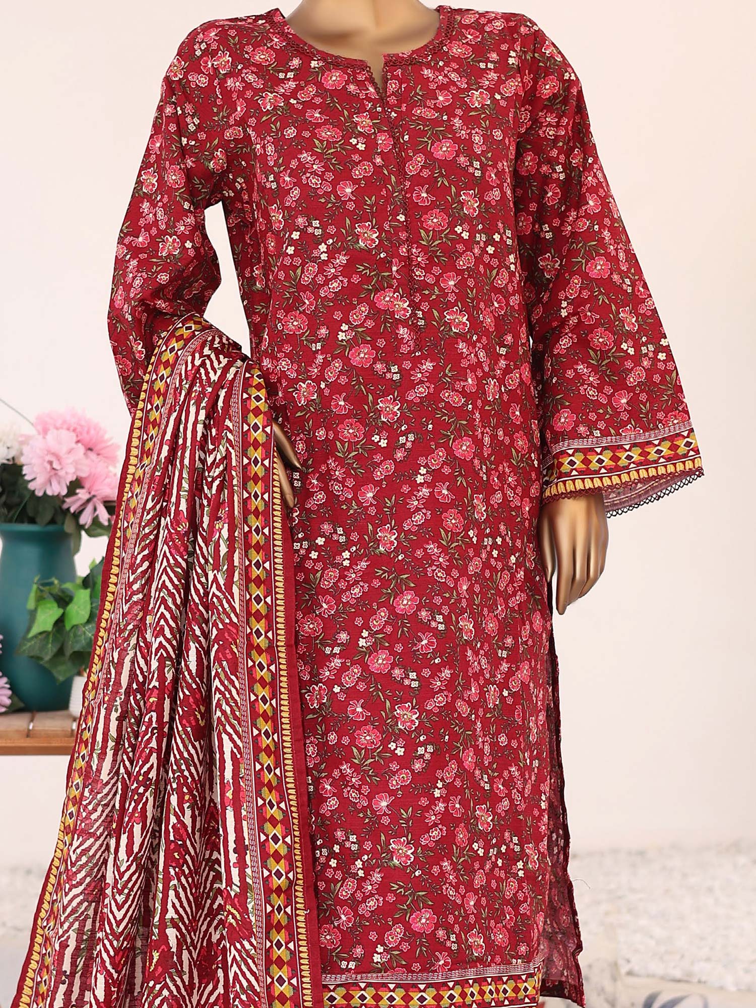 Bin Saeed Winter Khaddar Red 3-Piece Suit