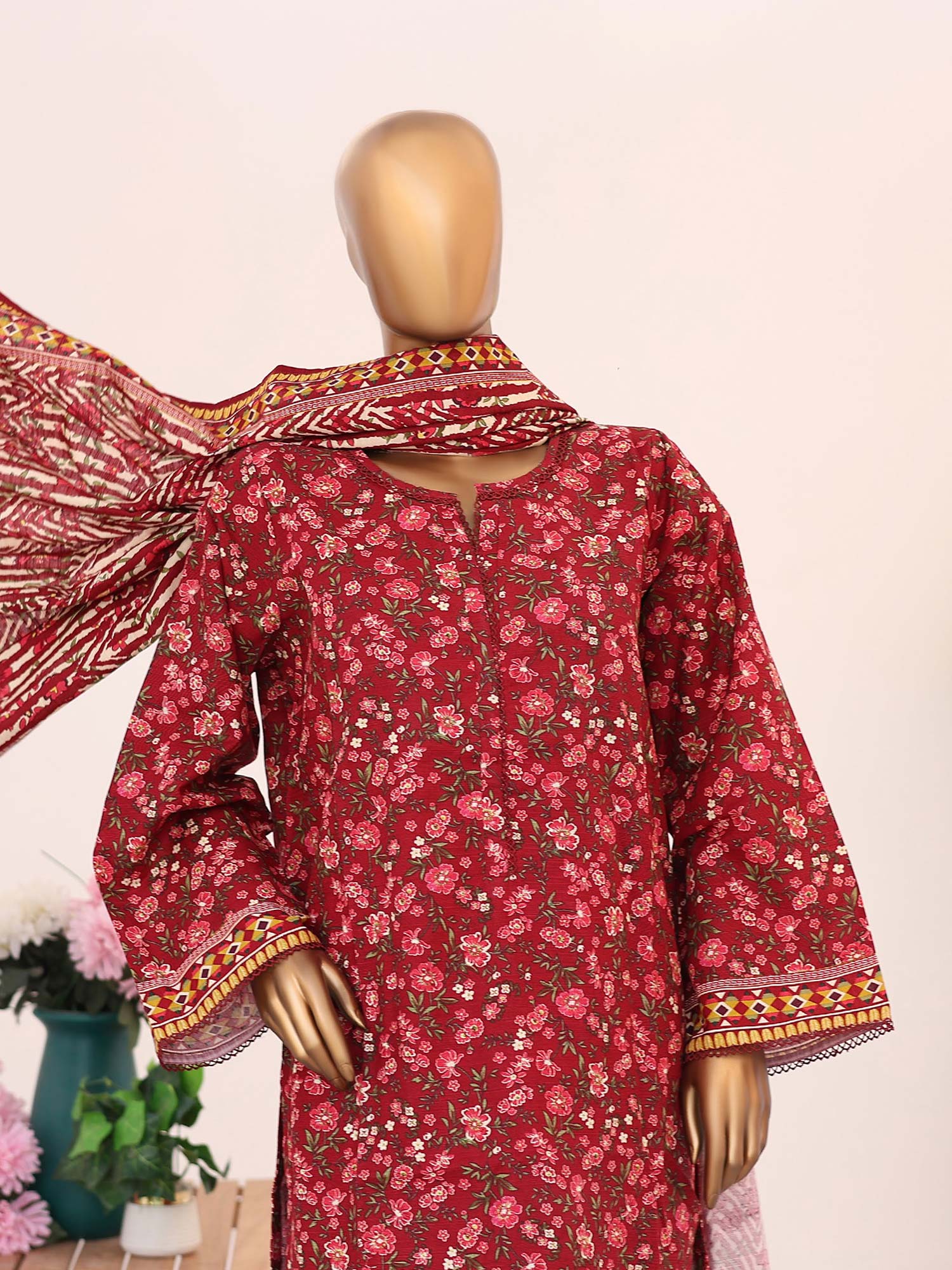 Bin Saeed Winter Khaddar Red 3-Piece Suit