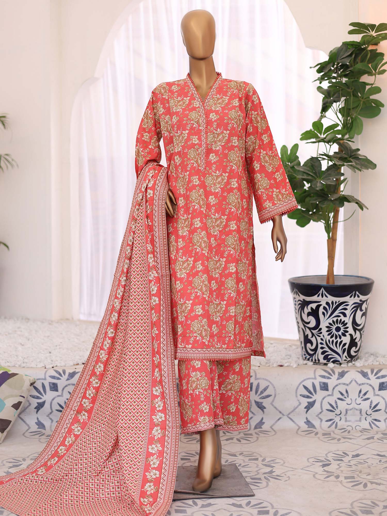 Bin Saeed Winter Khaddar Coral Pink 3-Piece Suit