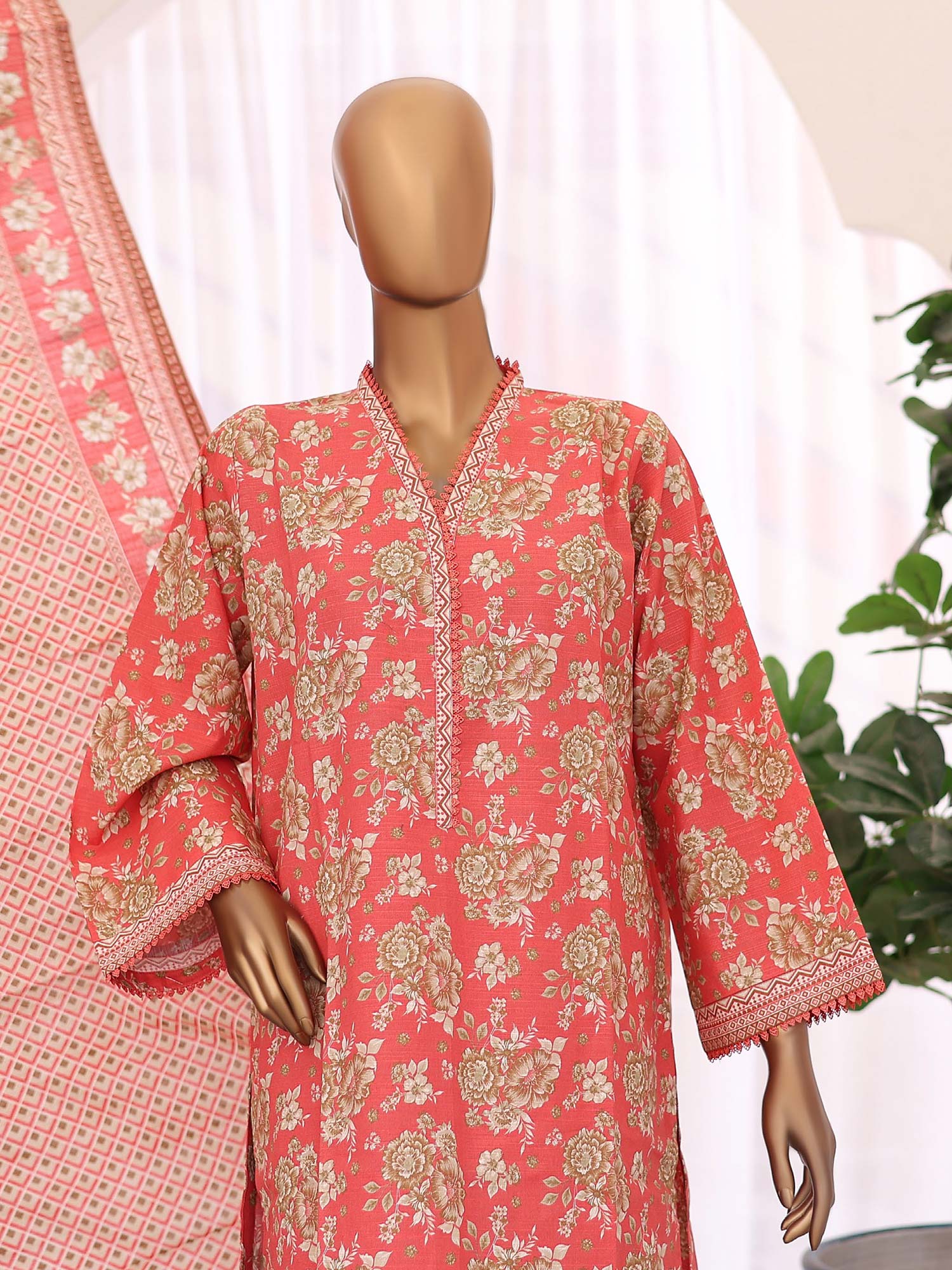 Bin Saeed Winter Khaddar Coral Pink 3-Piece Suit