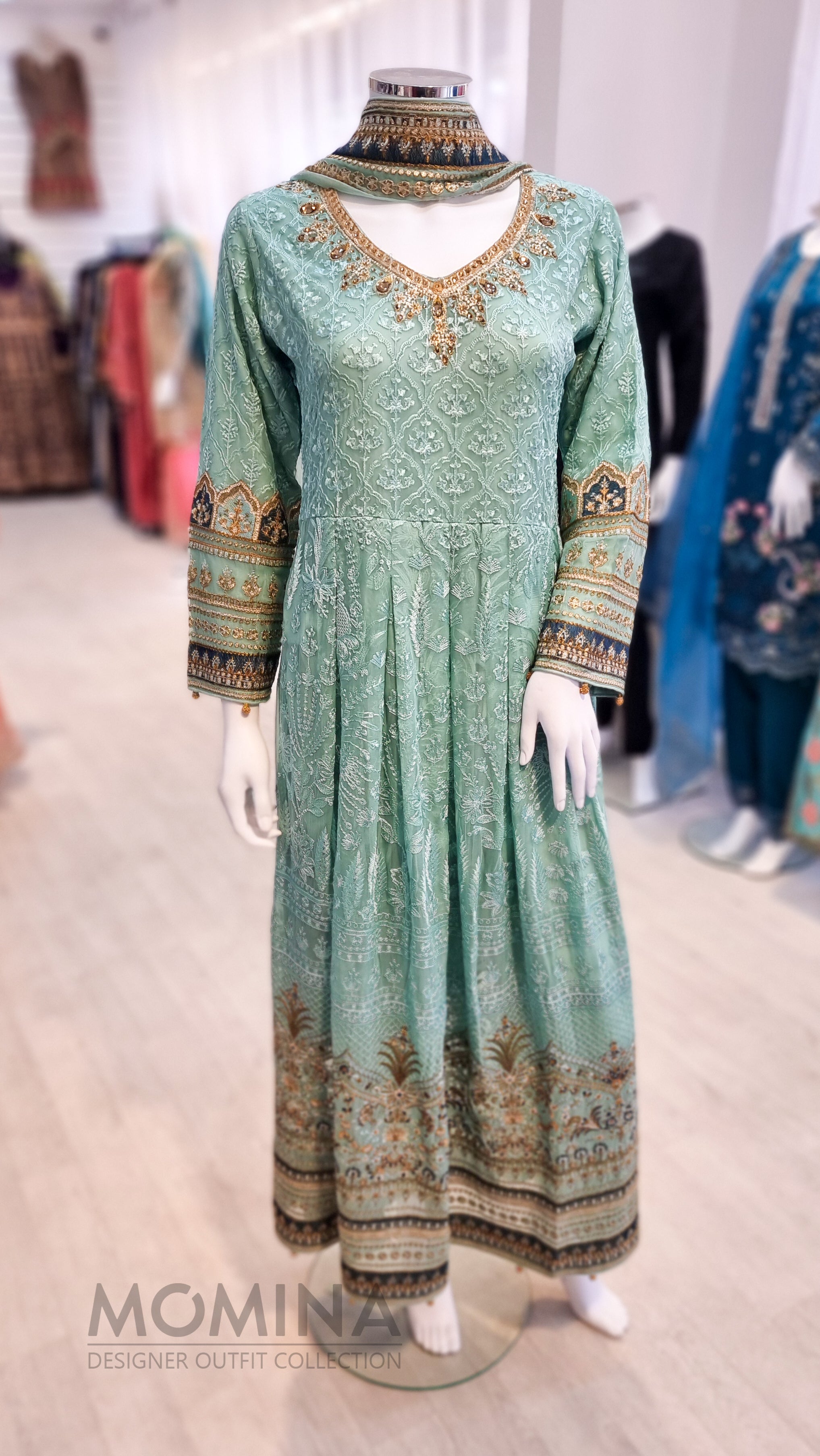 RMAW Aqua Chiffon Embroidered Long Dress Suit