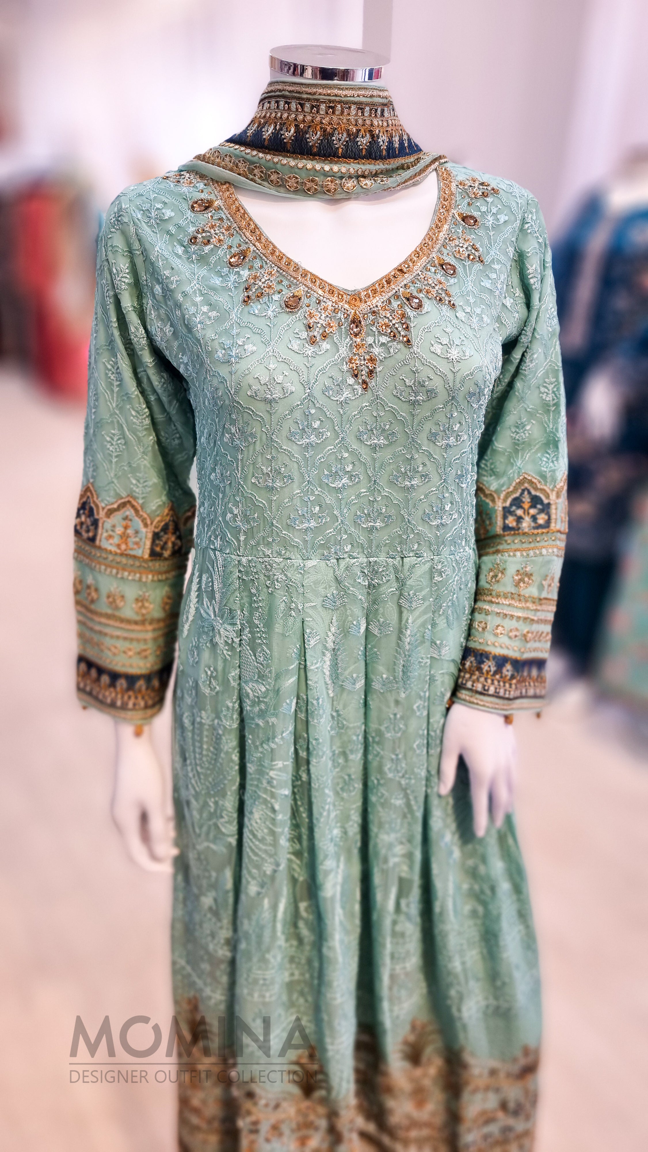 RMAW Aqua Chiffon Embroidered Long Dress Suit