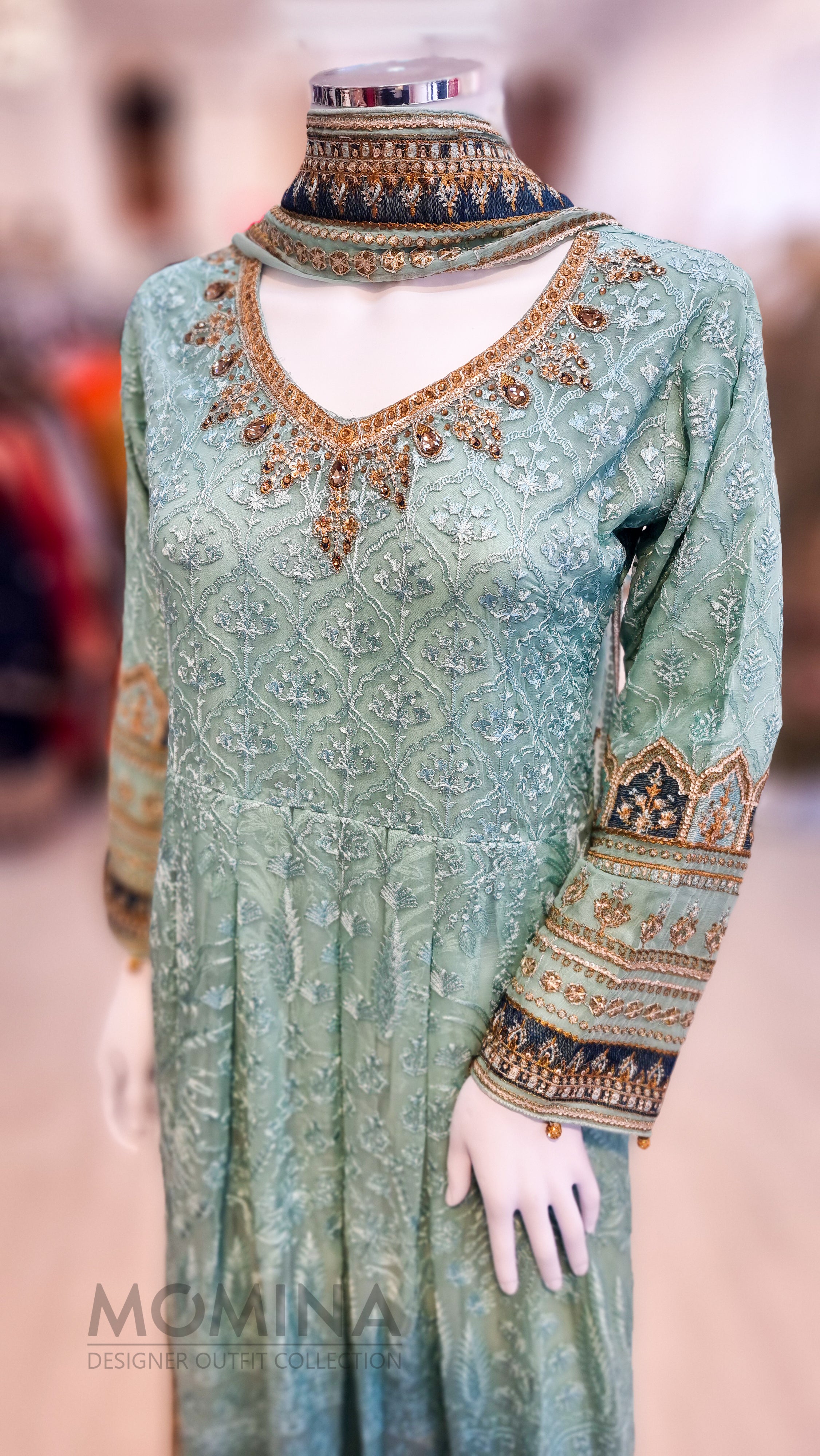 RMAW Aqua Chiffon Embroidered Long Dress Suit