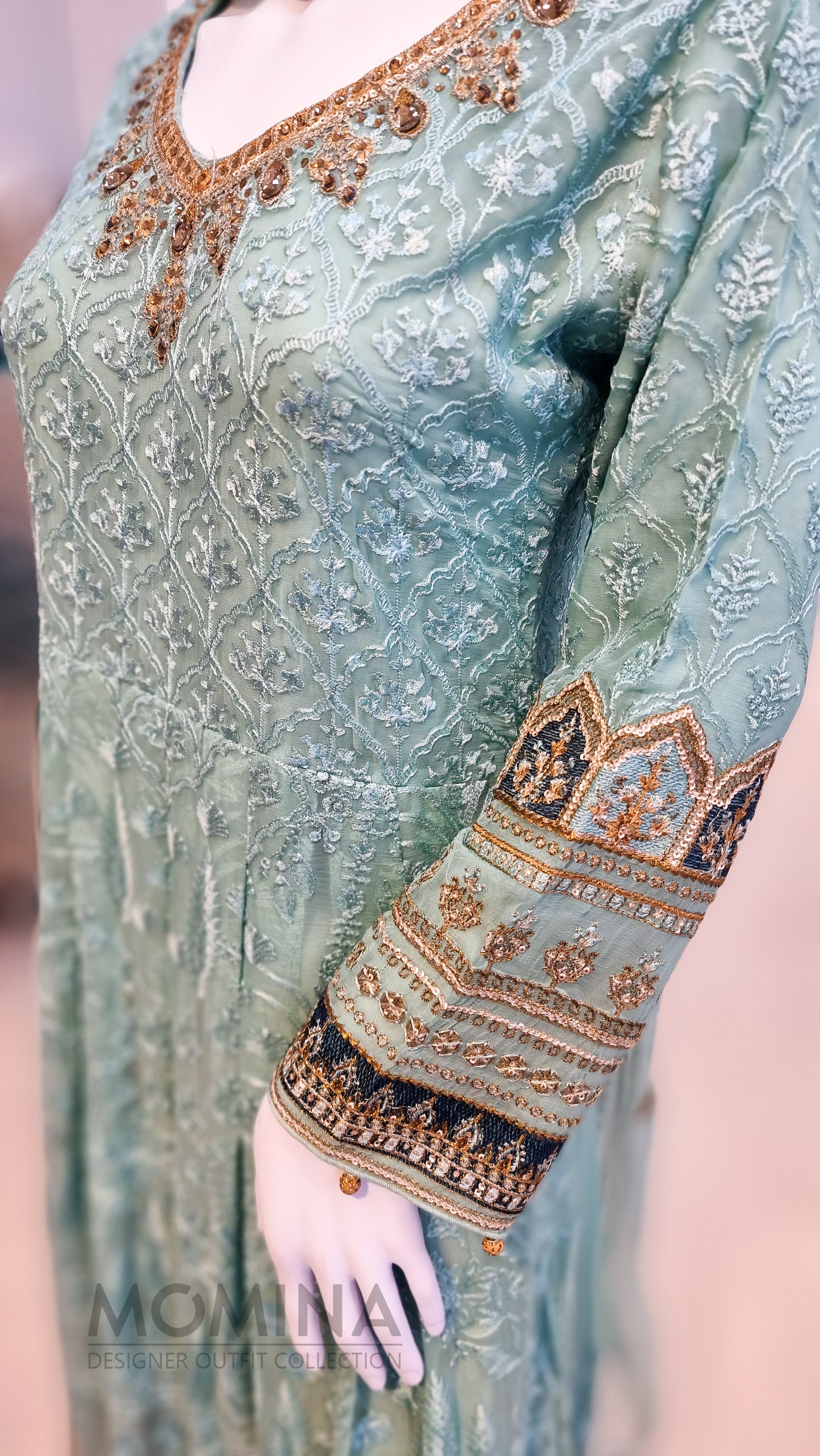 RMAW Aqua Chiffon Embroidered Long Dress Suit