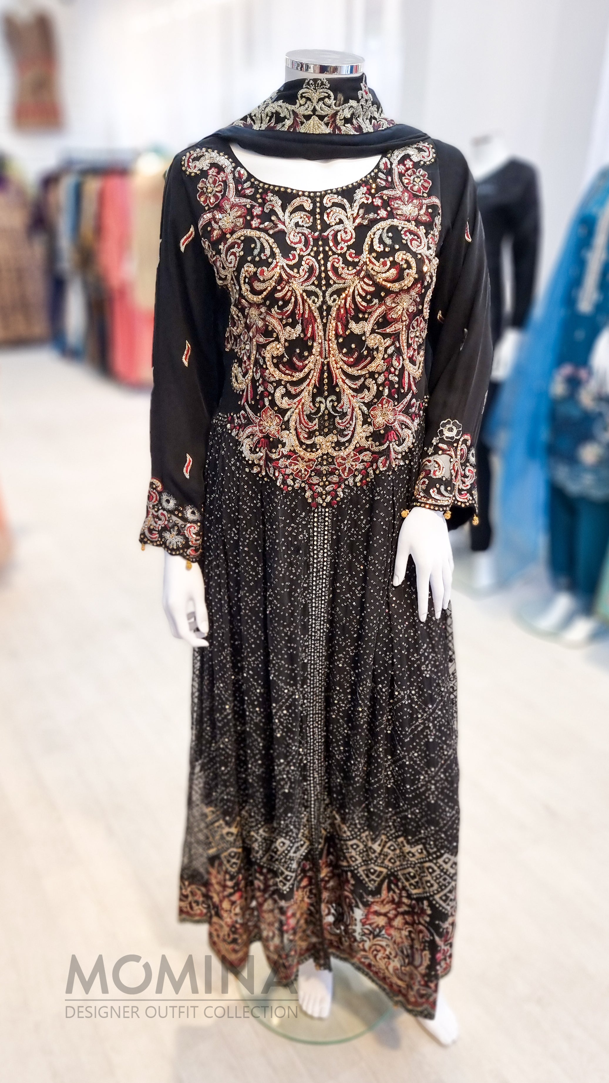 RMAW Black Chiffon Embroidered Long Dress Suit