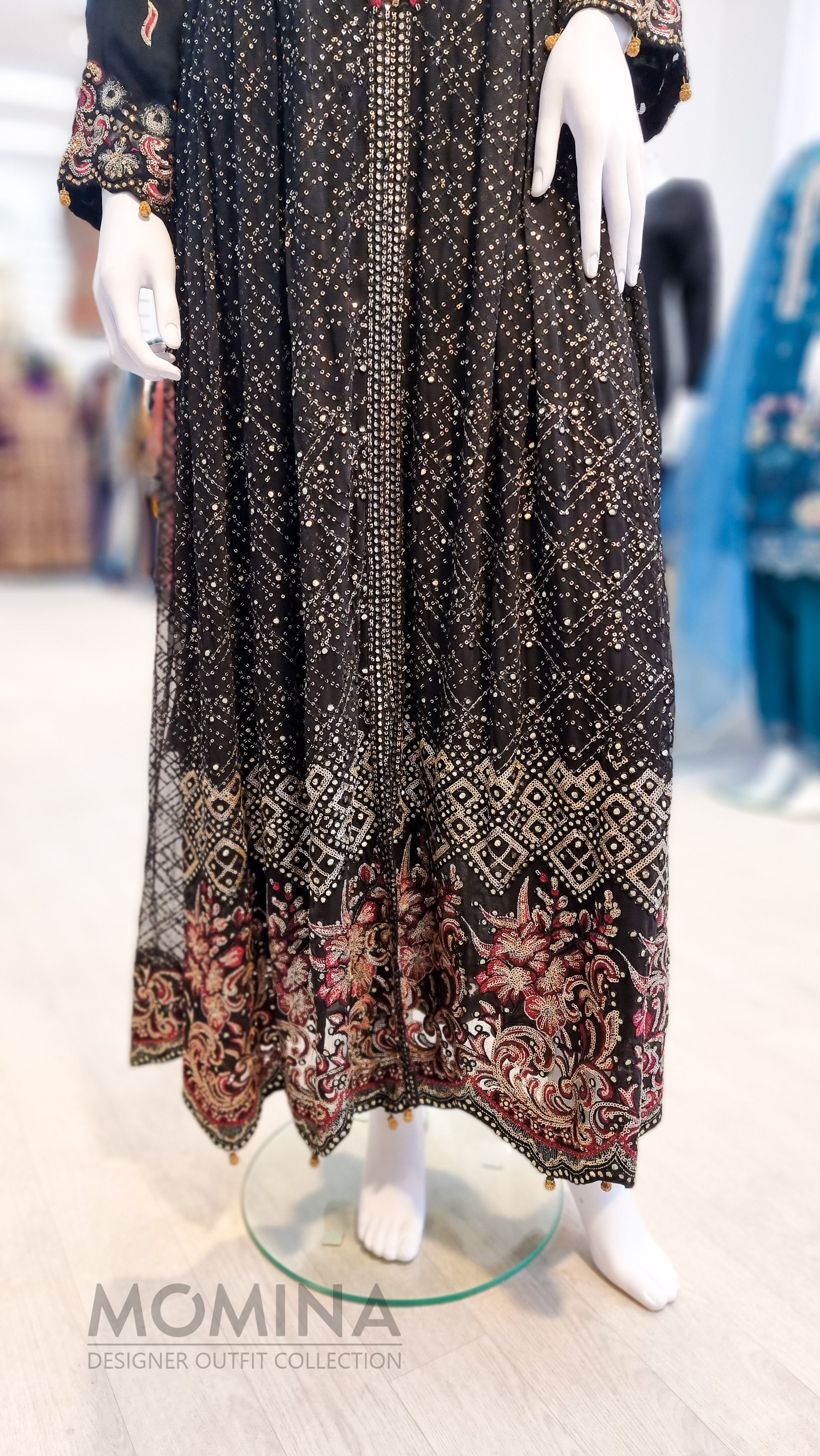 RMAW Black Chiffon Embroidered Long Dress Suit