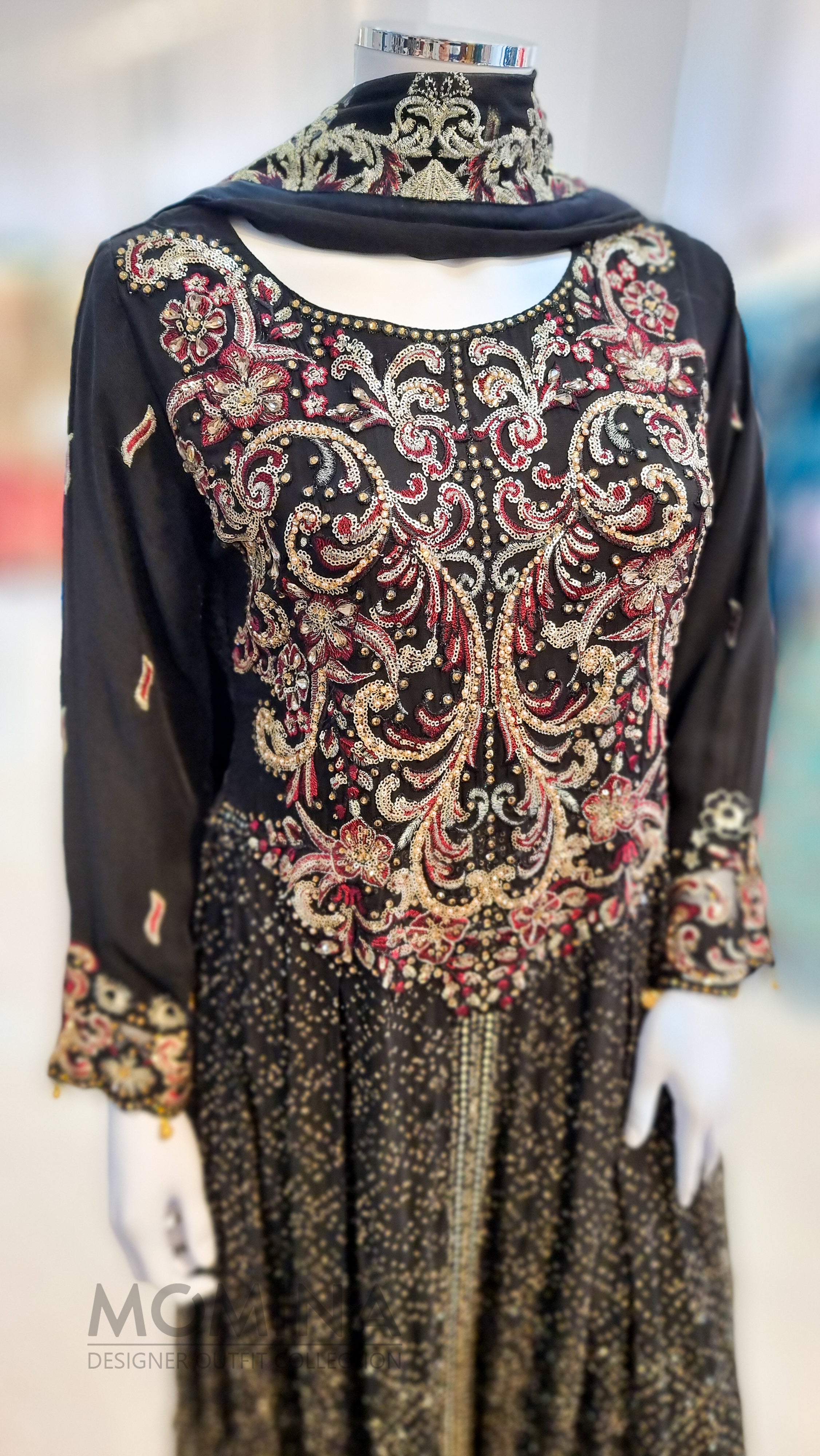 RMAW Black Chiffon Embroidered Long Dress Suit