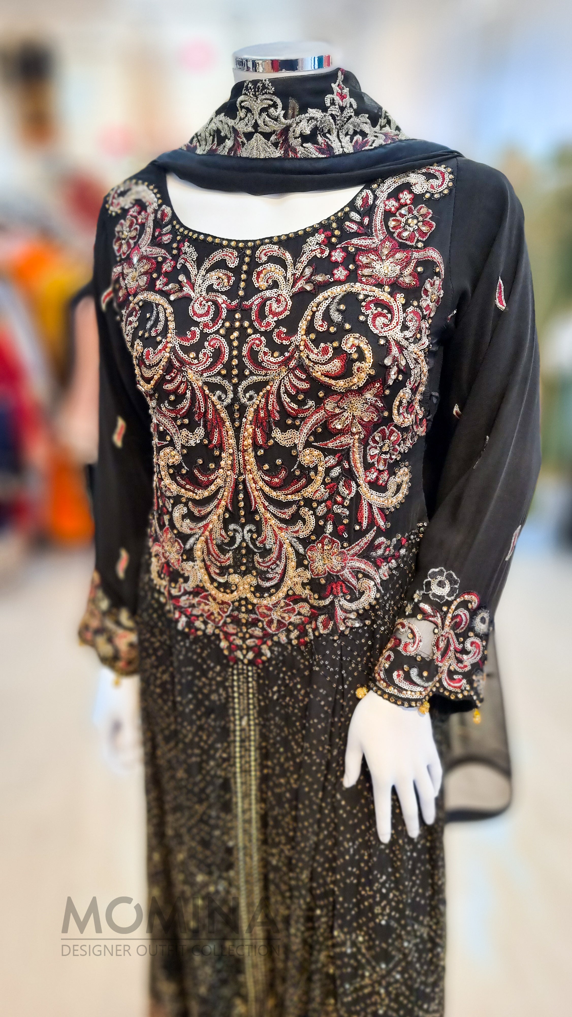 RMAW Black Chiffon Embroidered Long Dress Suit