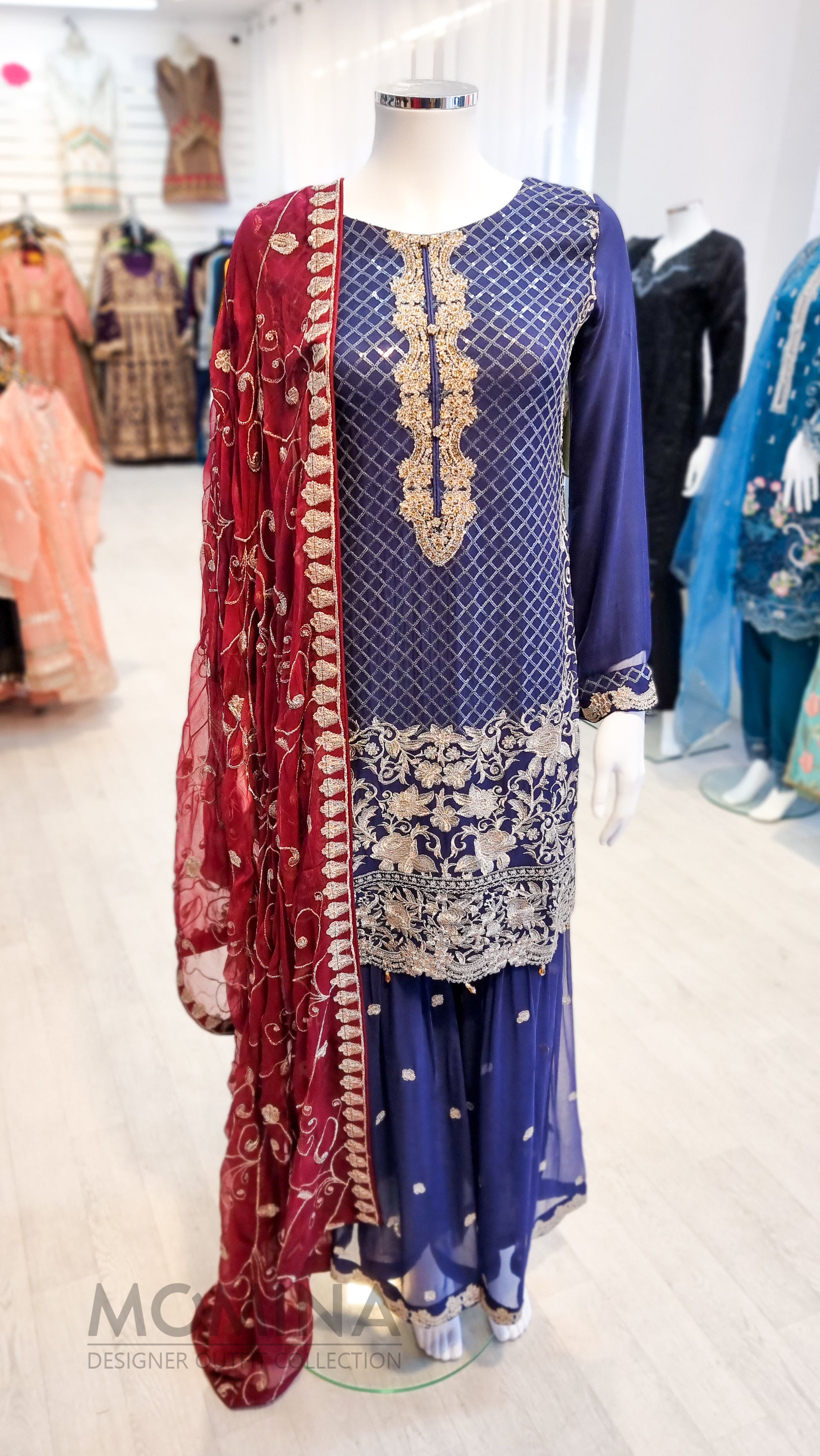 RMAW Navy Blue Chiffon Embroidered Gharara Suit