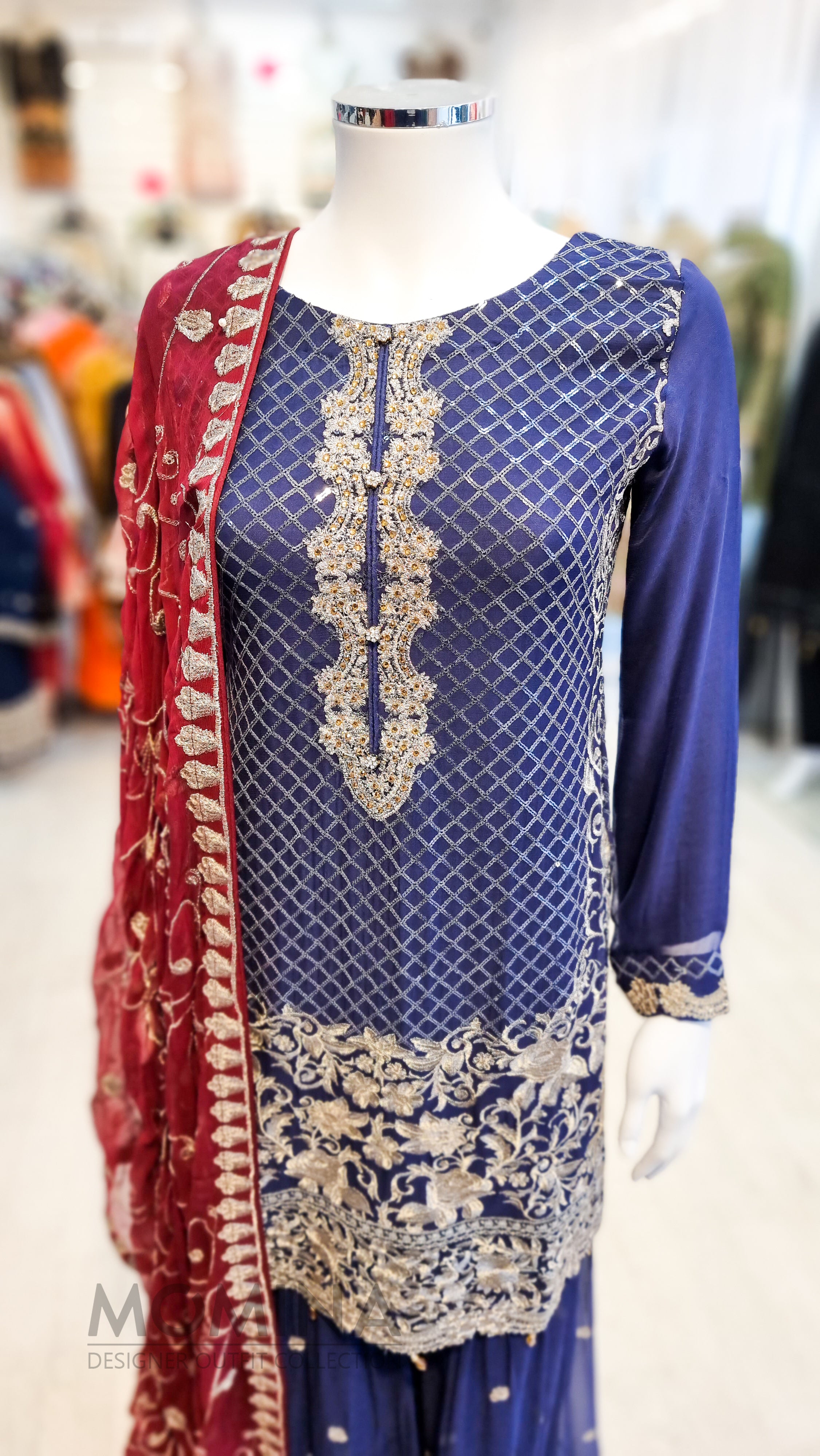 RMAW Navy Blue Chiffon Embroidered Gharara Suit