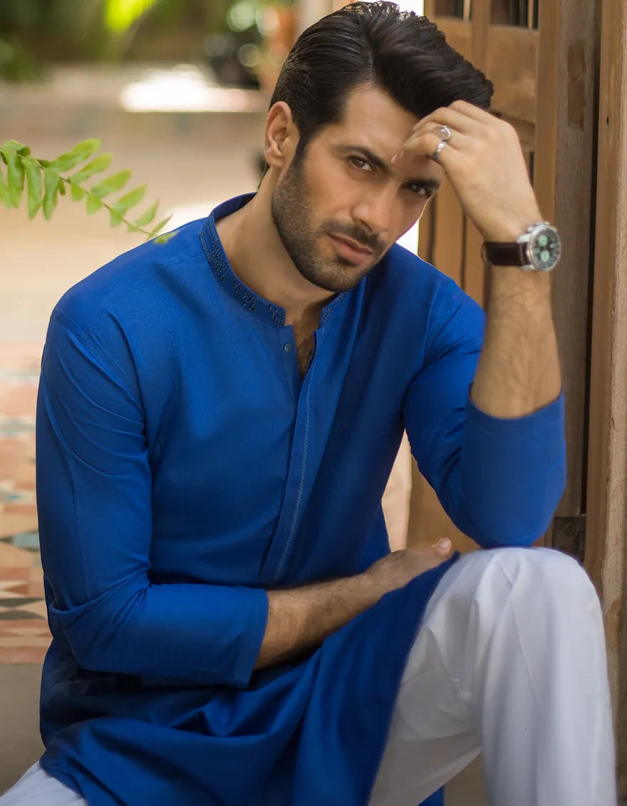 J. Mens Cobalt Blue Cotton Casual 2-Piece Kurta + Trouser