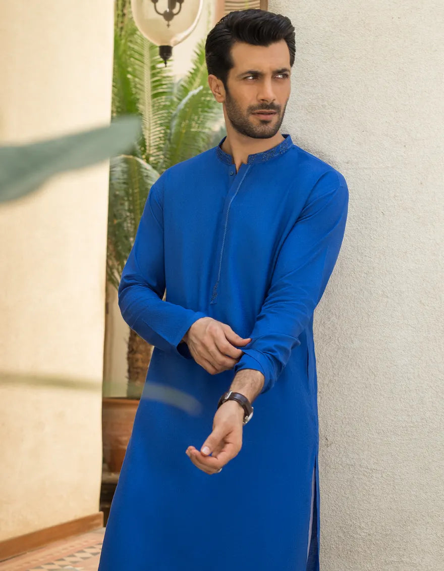 J. Mens Cobalt Blue Cotton Casual 2-Piece Kurta + Trouser