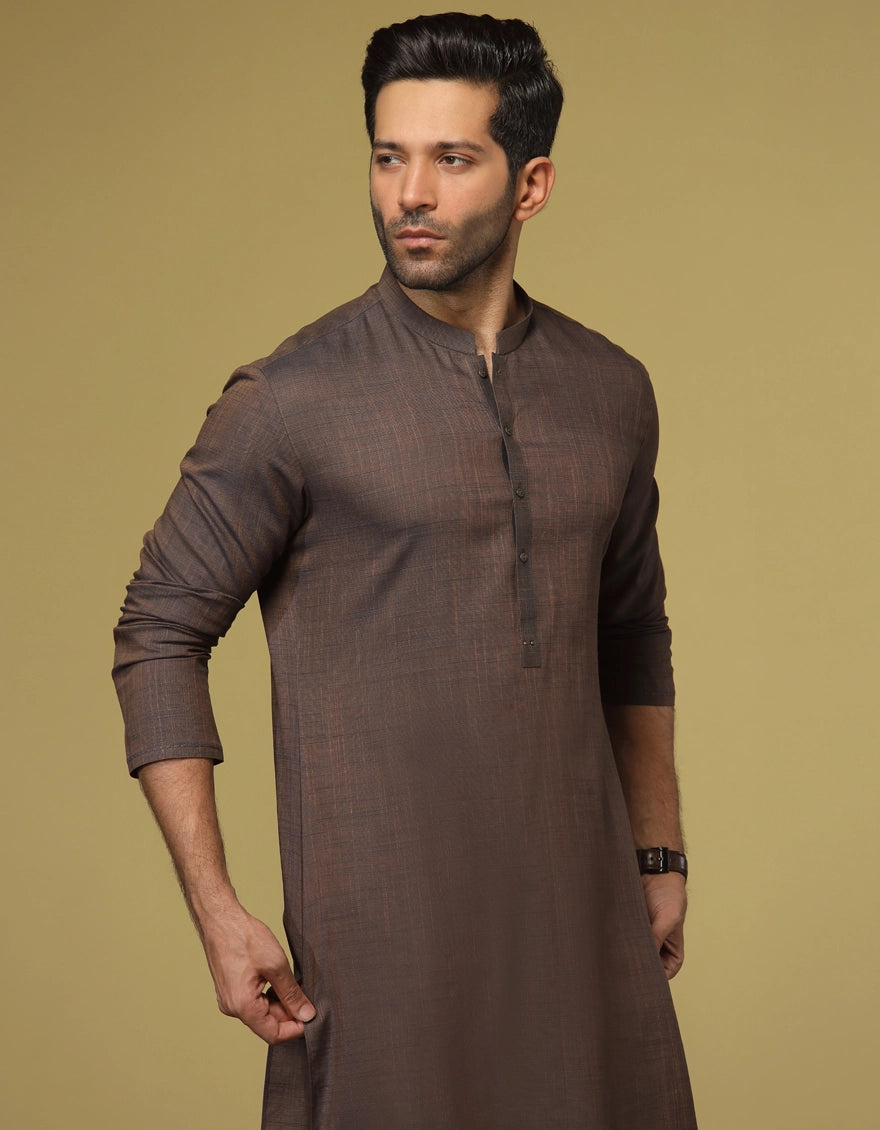 J. Mens Brown Cotton Casual 2-Piece Kurta + Trouser