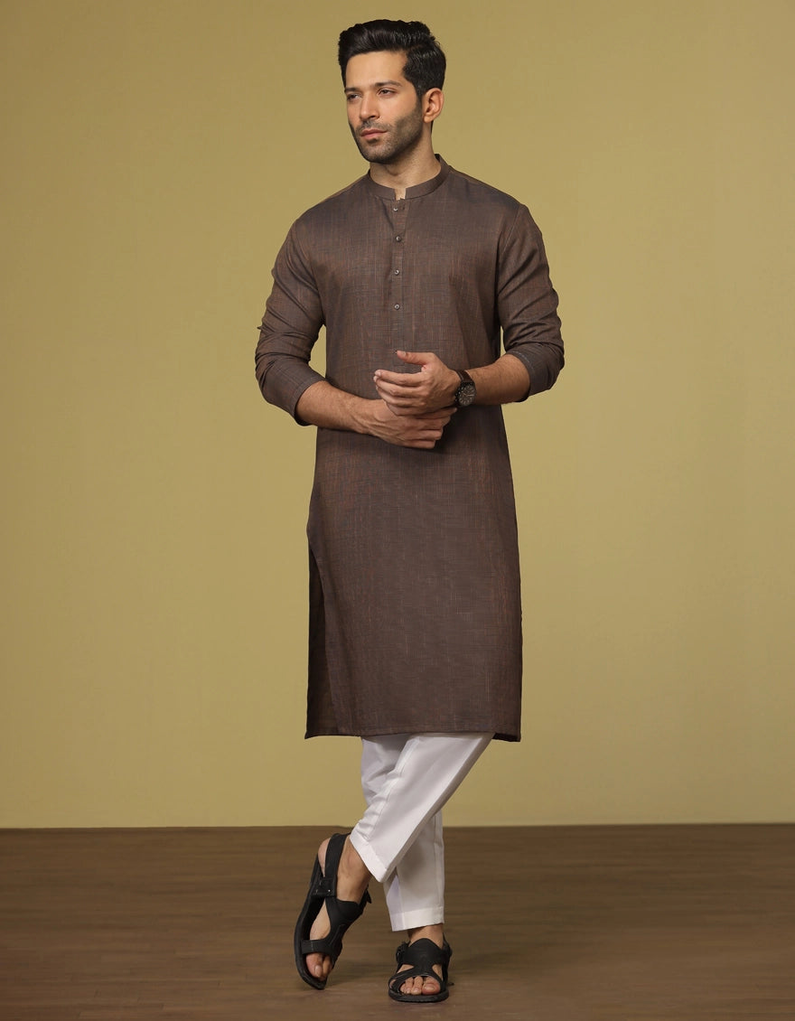 J. Mens Brown Cotton Casual 2-Piece Kurta + Trouser