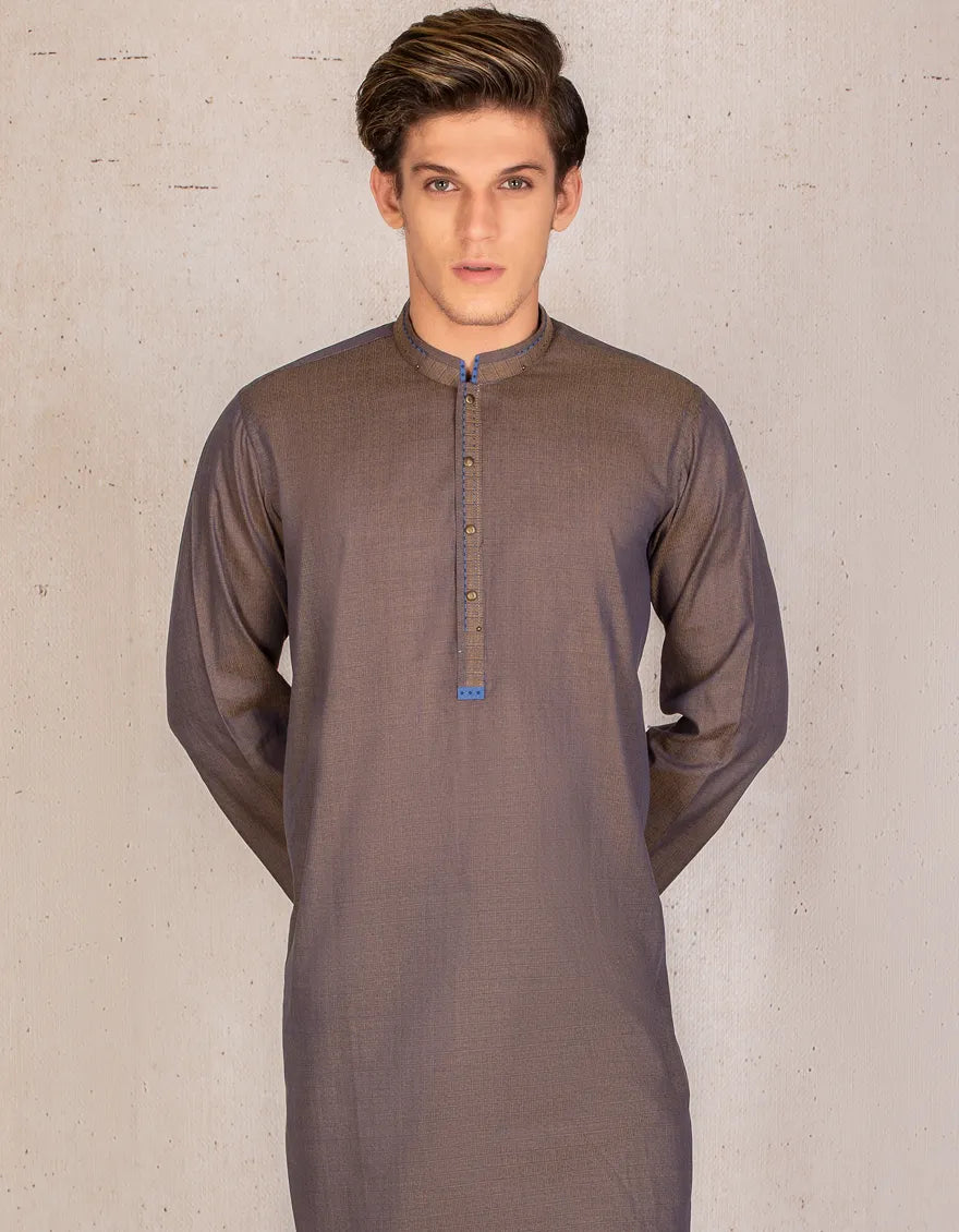 J. Mens Brown Jacquard Casual 2-Piece Kurta + Trouser