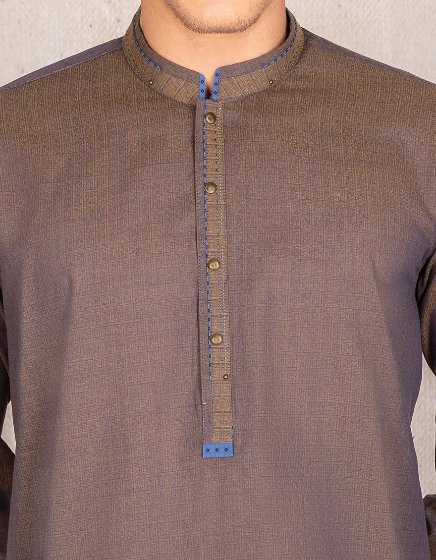 J. Mens Brown Jacquard Casual 2-Piece Kurta + Trouser