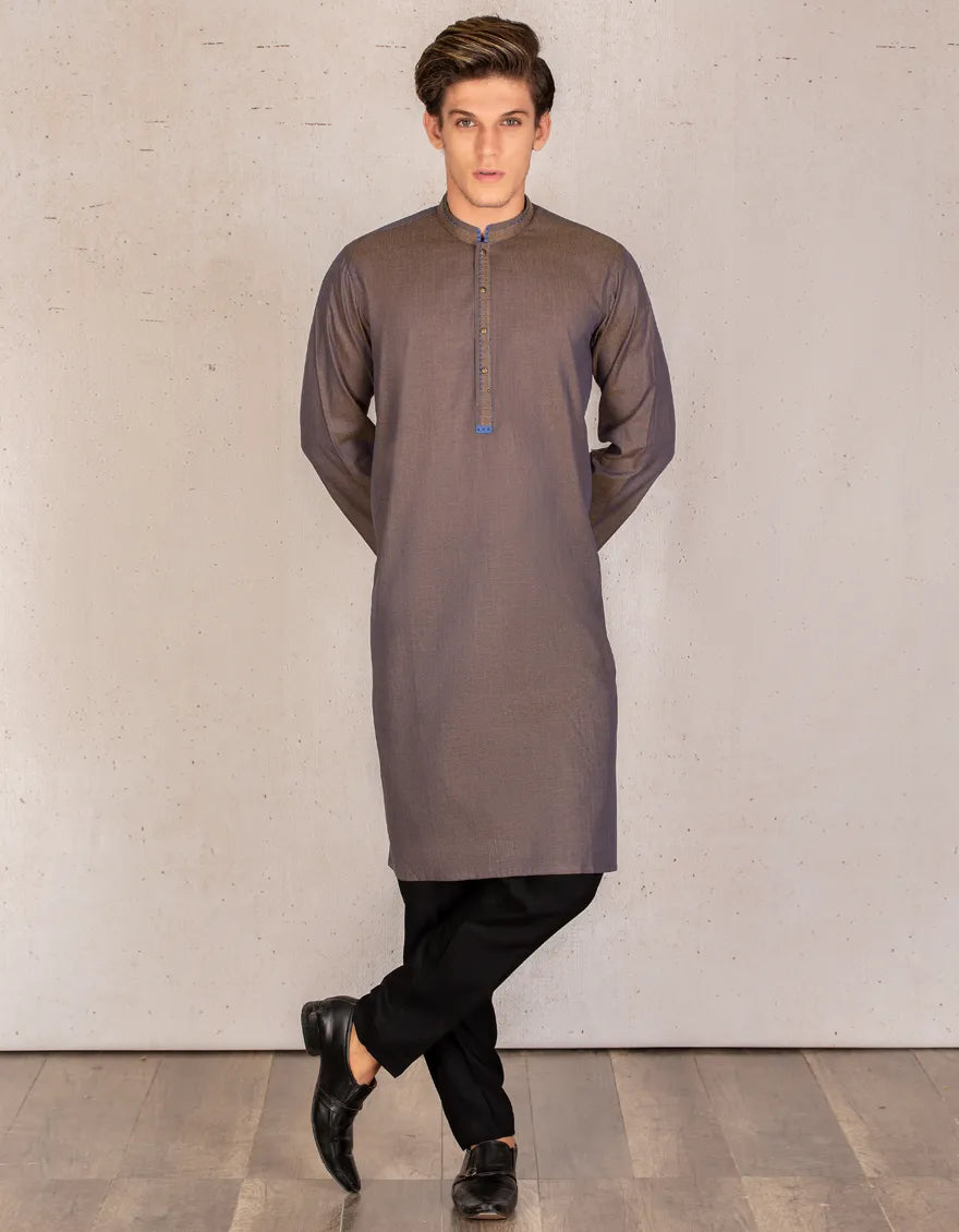 J. Mens Brown Jacquard Casual 2-Piece Kurta + Trouser