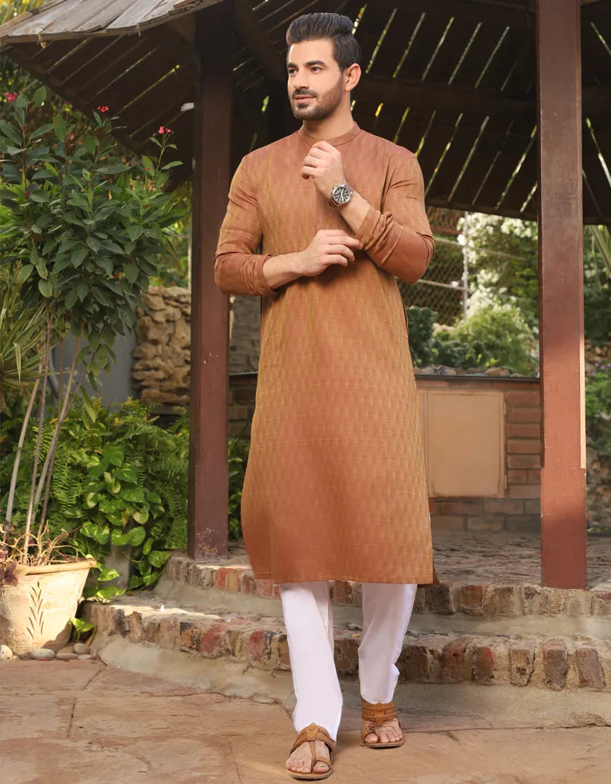 J. Mens Rust Cotton 2-Piece Kurta + Trouser