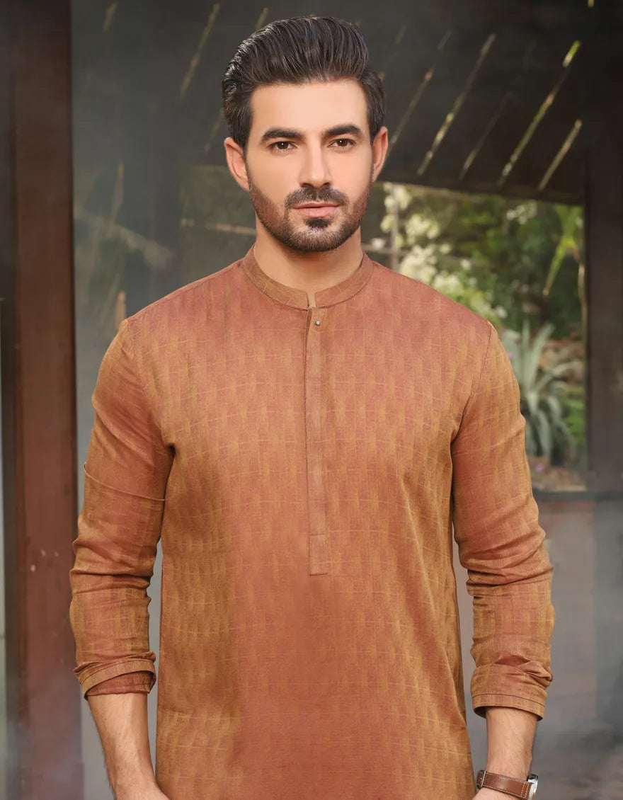 J. Mens Rust Cotton 2-Piece Kurta + Trouser