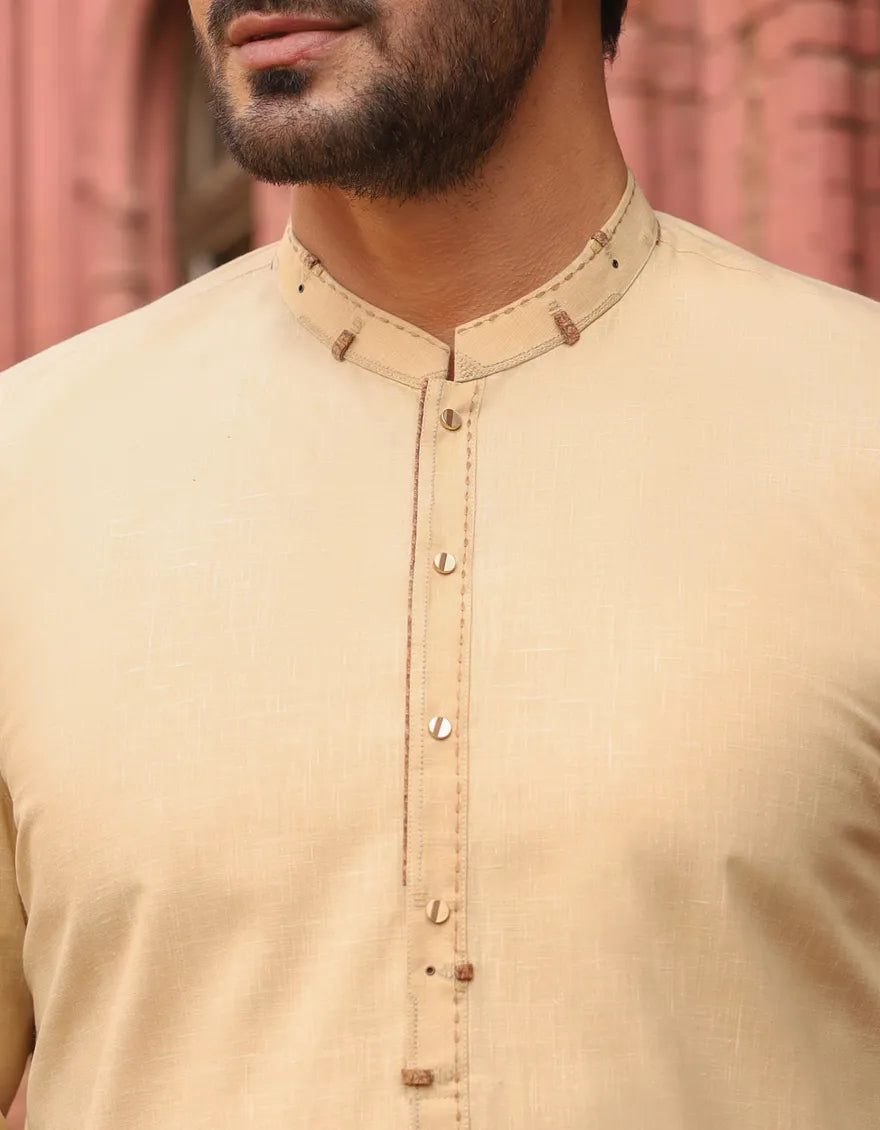 J. Mens Beige Blended Casual 2-Piece Kameez Shalwar