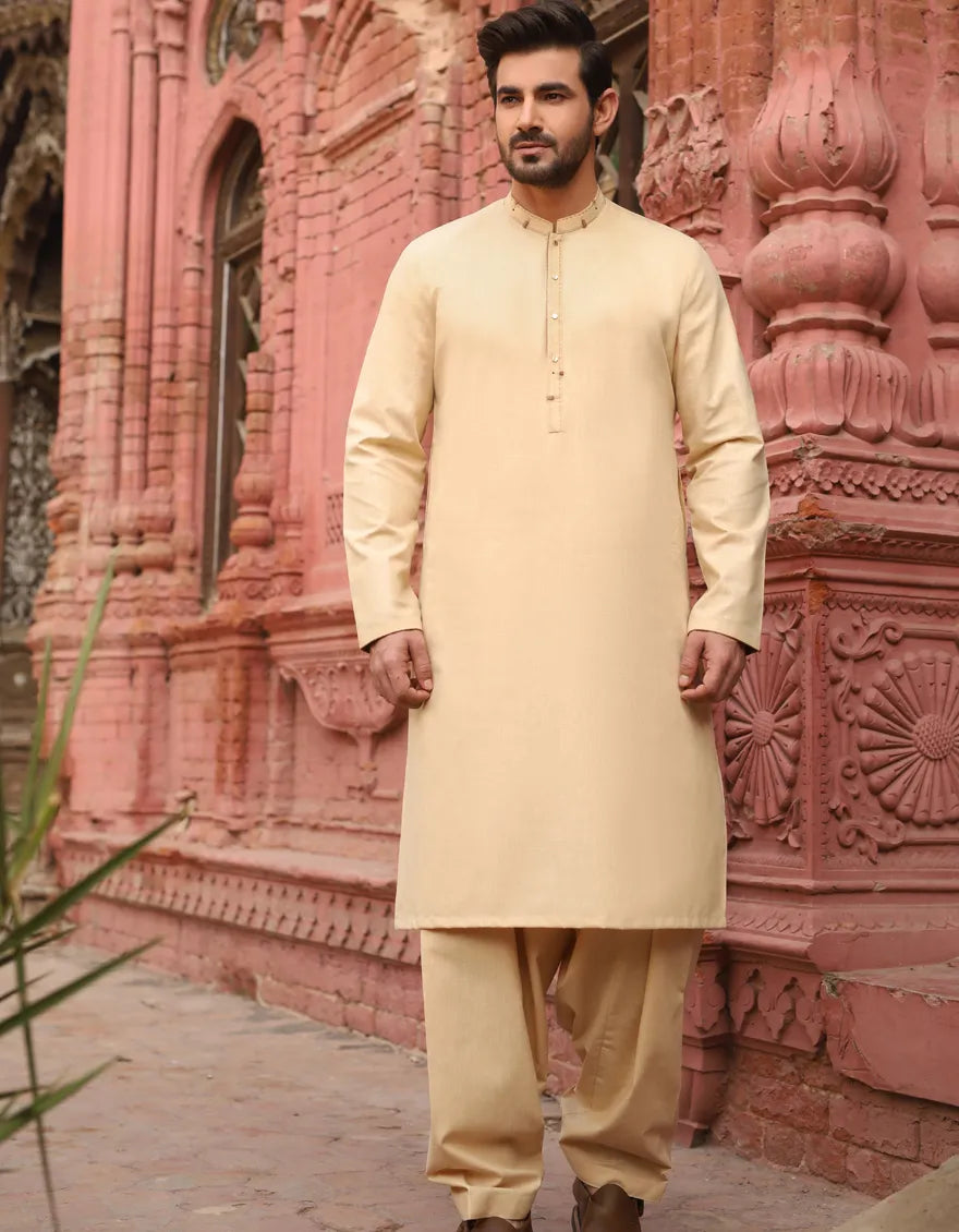 J. Mens Beige Blended Casual 2-Piece Kameez Shalwar