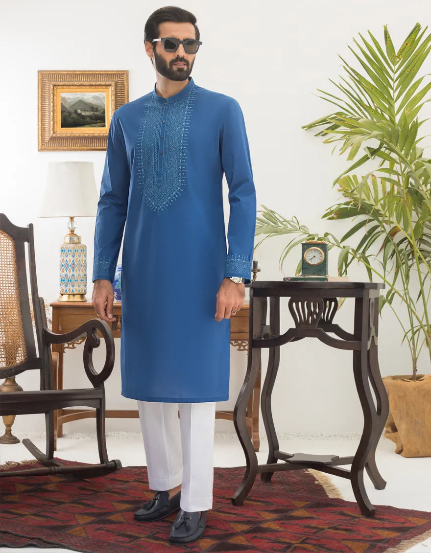 J. Mens Blue Lawn Semi-Formal 2-Piece Kurta + Trouser