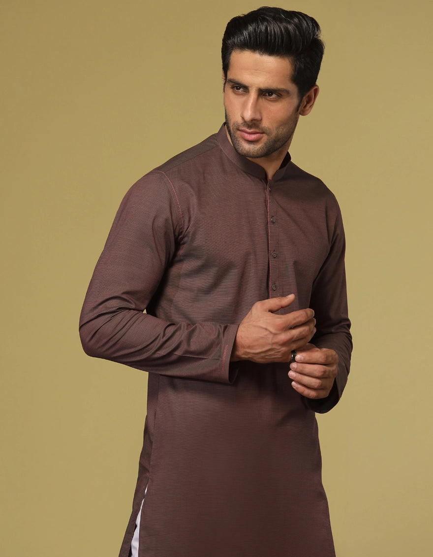 J. Mens Brown Cotton Casual Plain 2-Piece Kurta + Trouser