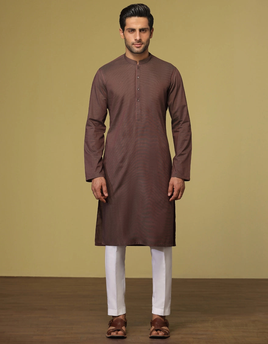 J. Mens Brown Cotton Casual Plain 2-Piece Kurta + Trouser