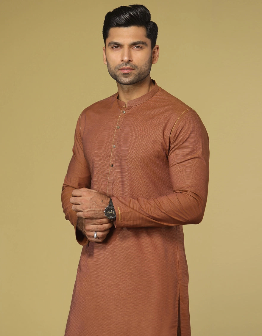 J. Mens Rust Brown Cotton Casual 2-Piece Kurta + Trouser