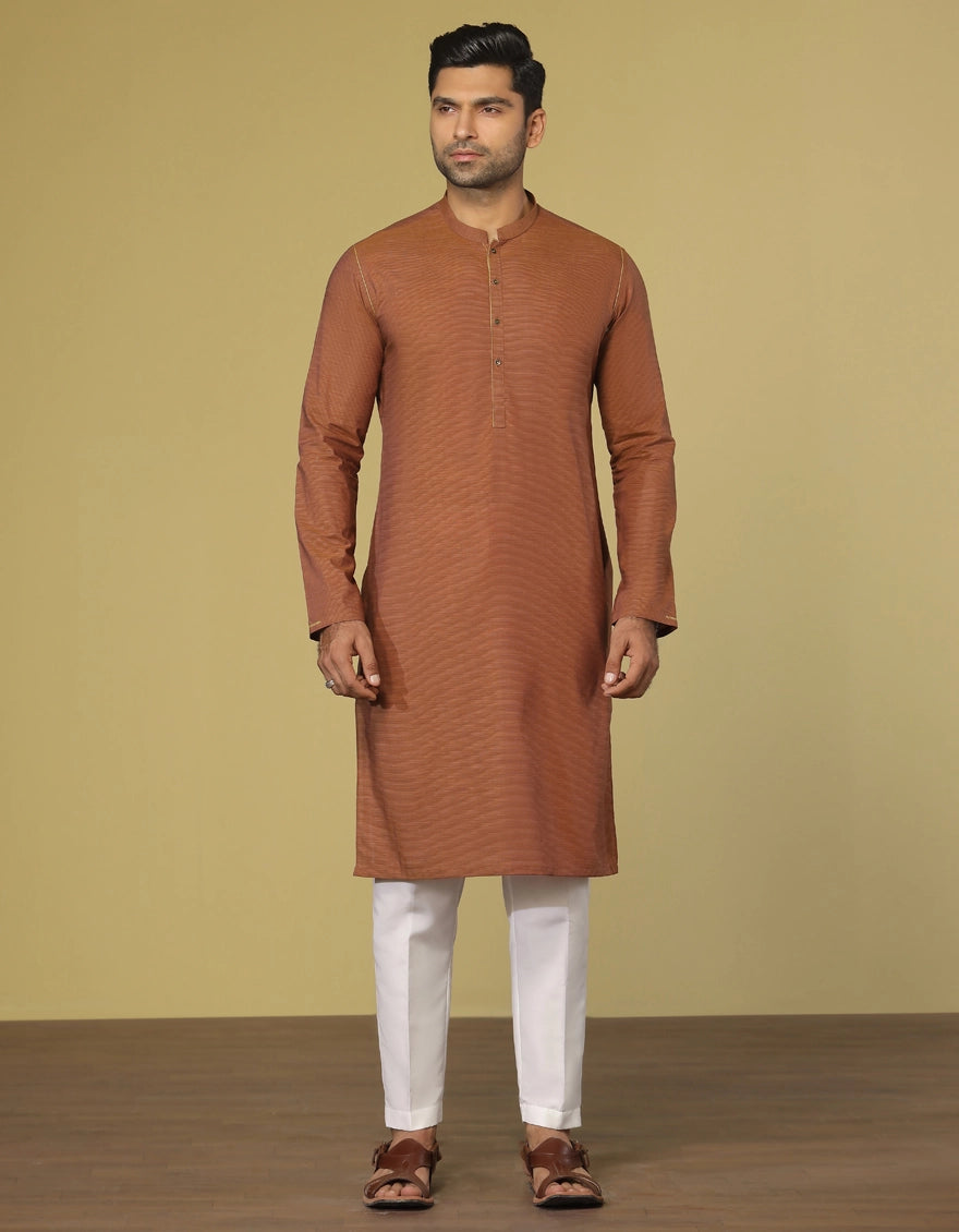 J. Mens Rust Brown Cotton Casual 2-Piece Kurta + Trouser