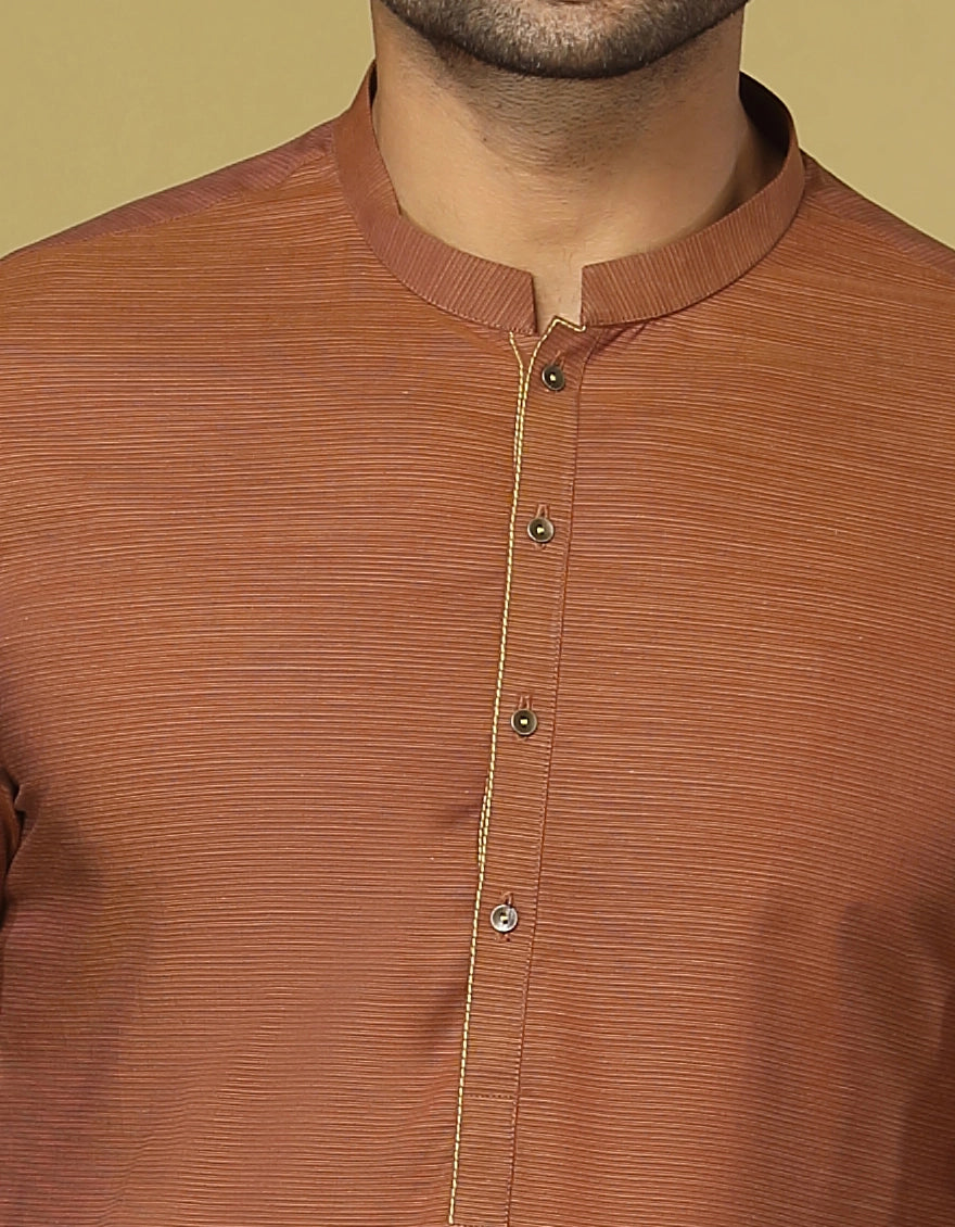 J. Mens Rust Brown Cotton Casual 2-Piece Kurta + Trouser