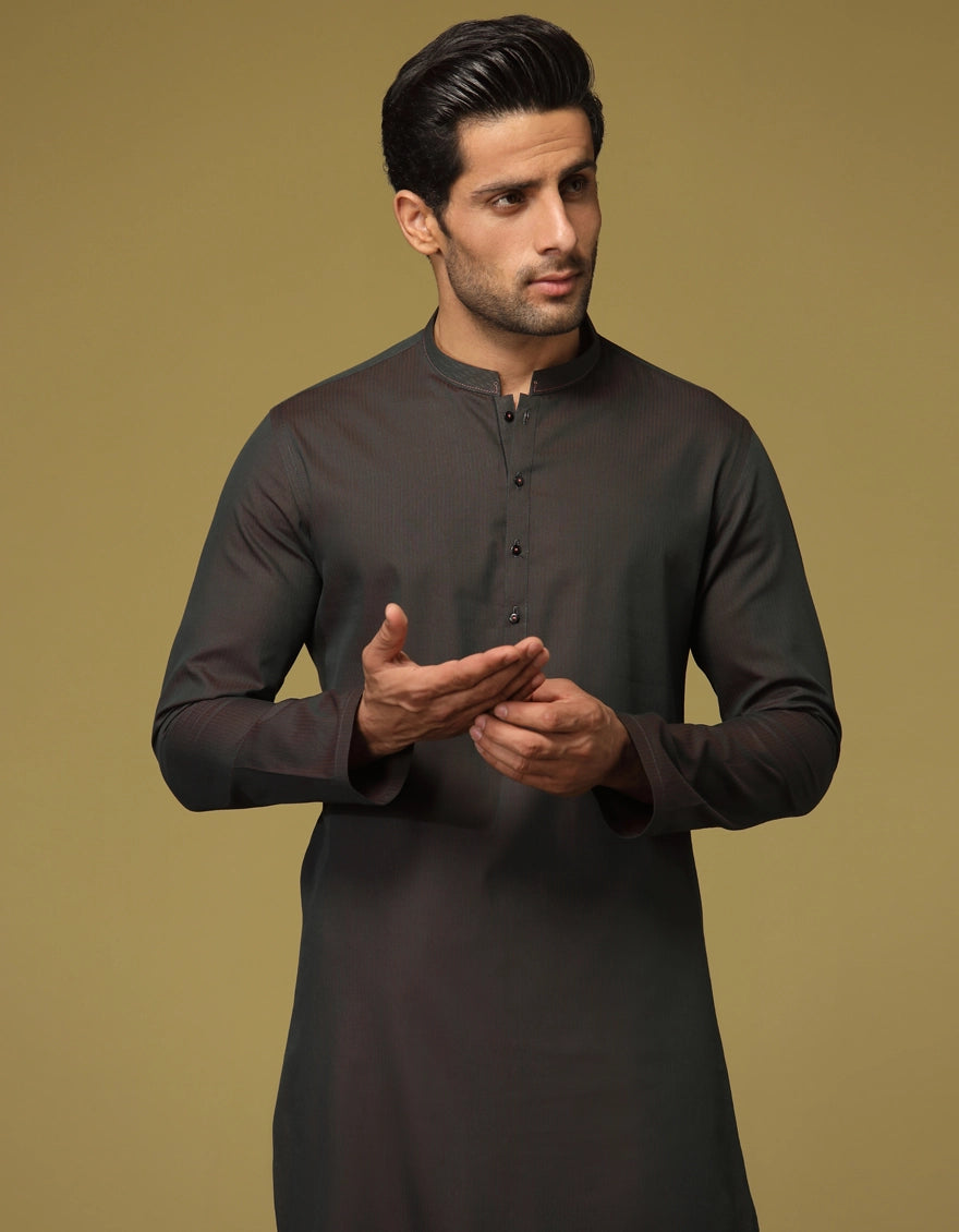 J. Mens Two-Tone Green Blended Casual Plain 2-Piece Kurta + Trouser