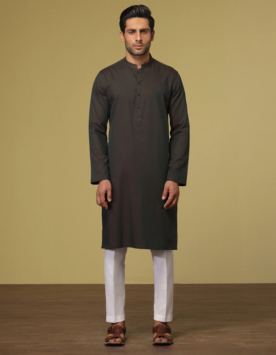 J. Mens Two-Tone Green Blended Casual Plain 2-Piece Kurta + Trouser