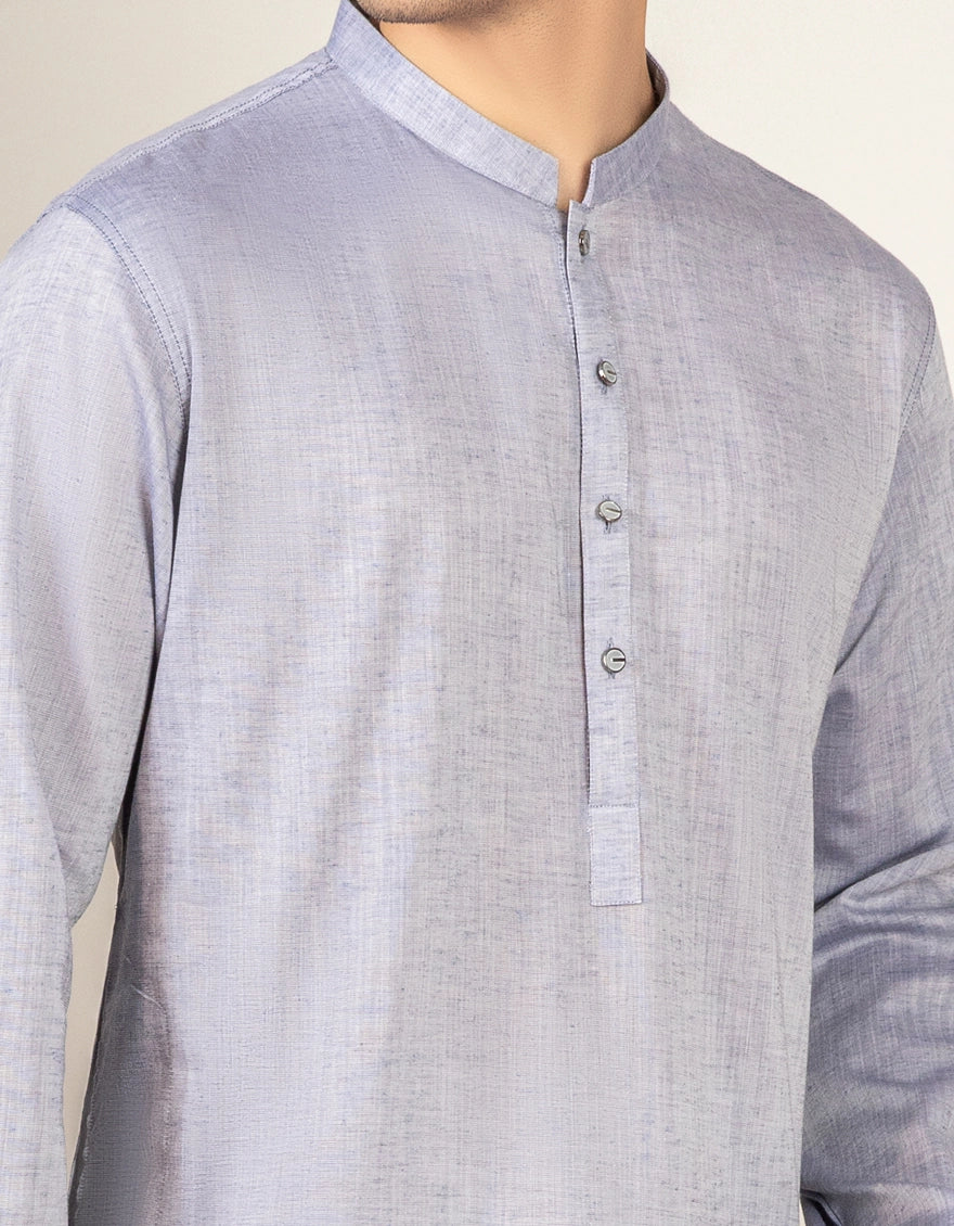 J. Mens Light Blue Cotton Casual Plain 2-Piece Kurta + Trouser