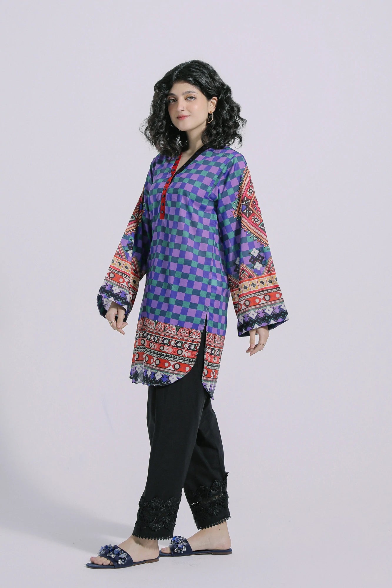 Ethnic Purple Checkered Printed Lawn Shirt