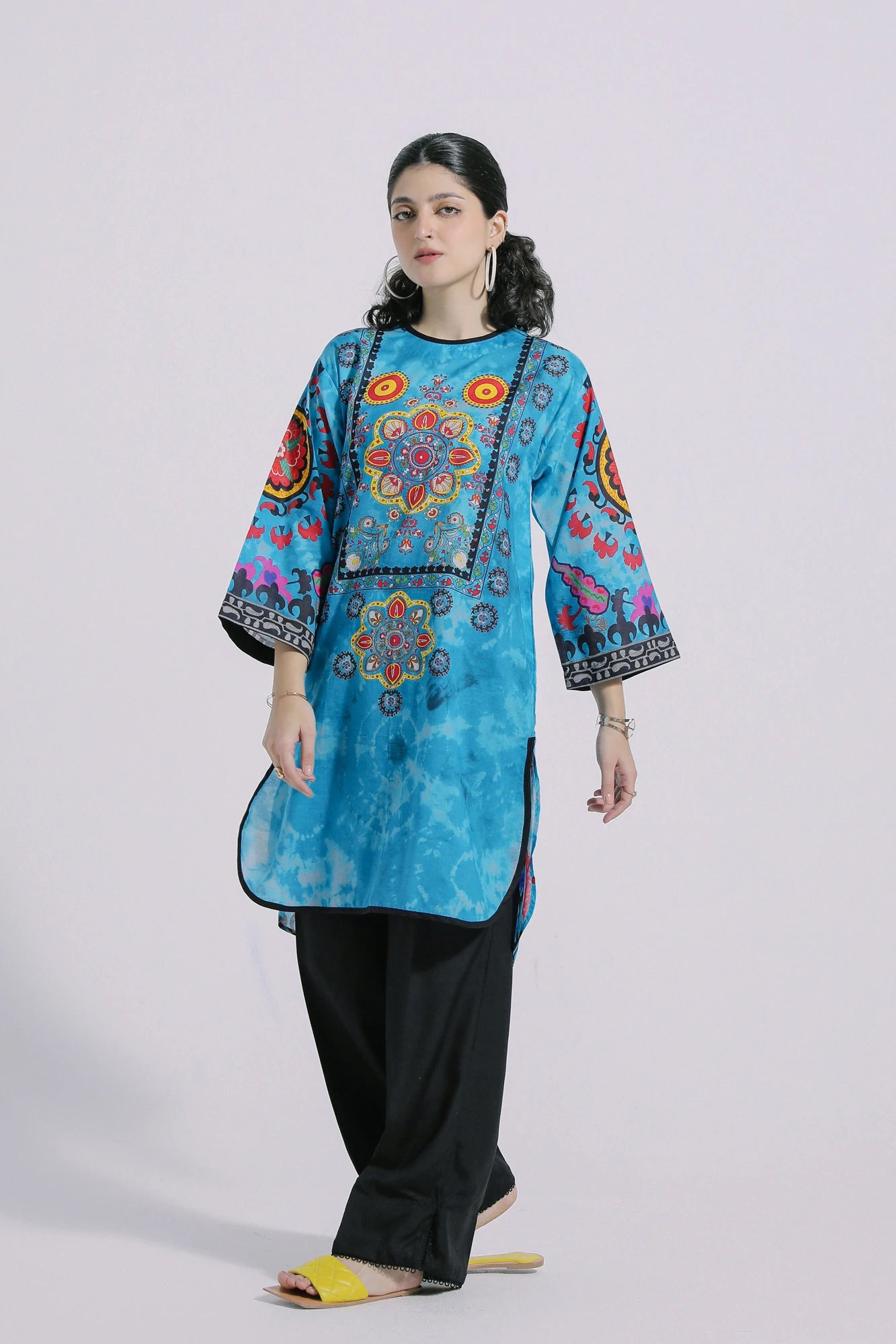 Ethnic Turquoise Printed Lawn Shirt