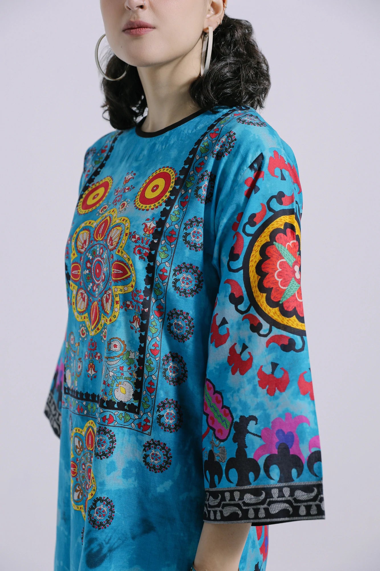 Ethnic Turquoise Printed Lawn Shirt