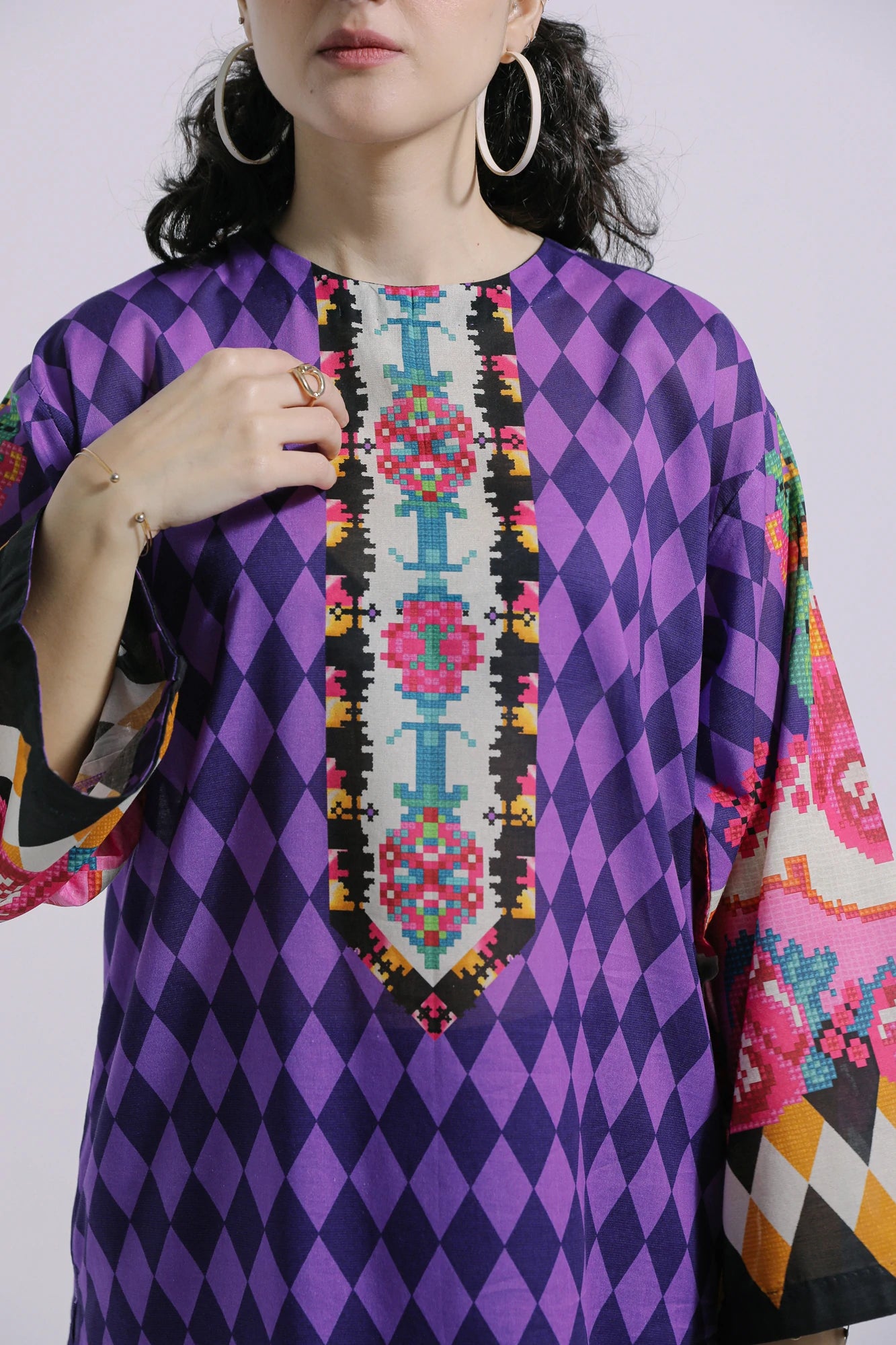 Ethnic Purple Diamonds Printed Lawn Shirt