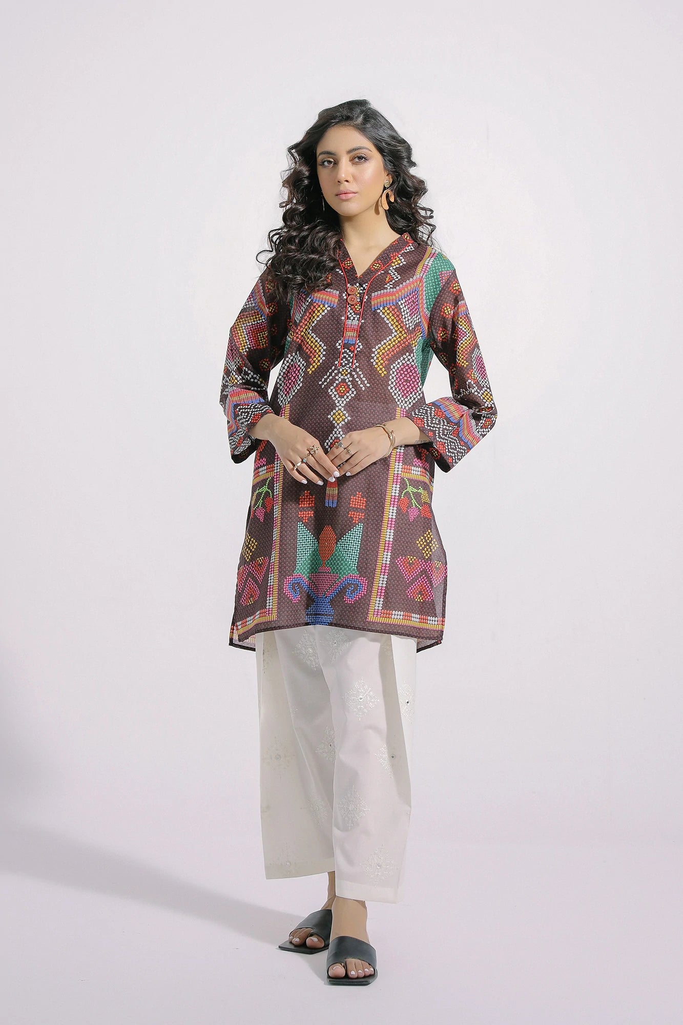 Ethnic Brown Printed Lawn Shirt