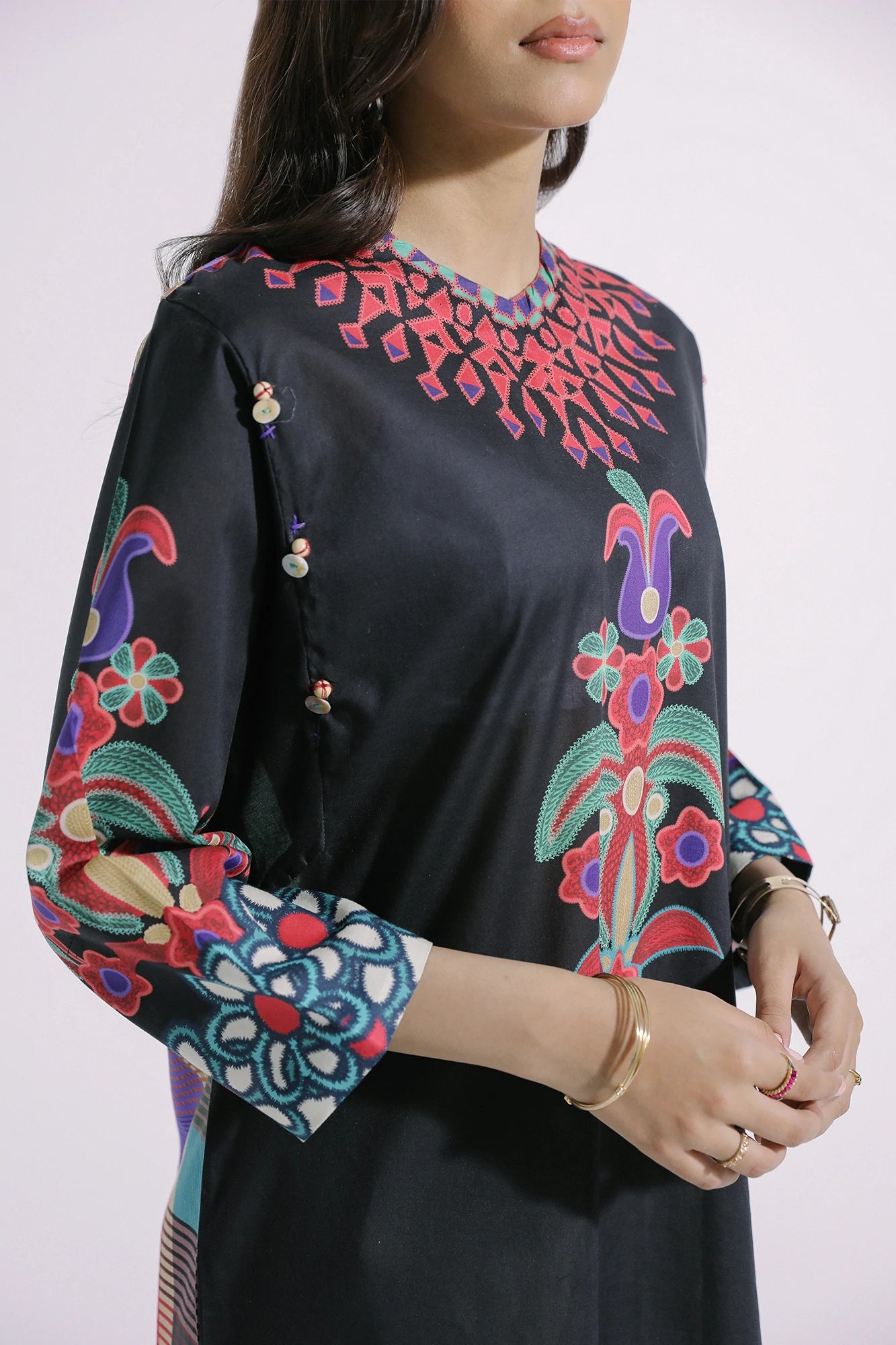 Ethnic Black Printed Lawn Shirt