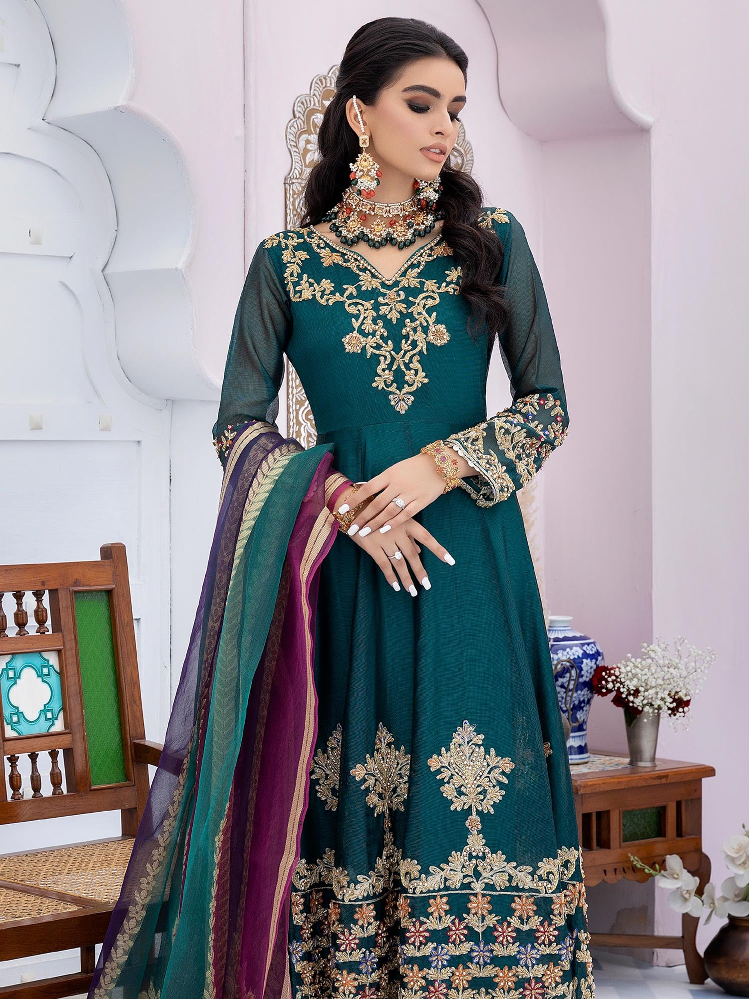 Ally's "Mehbooba" Green Luxury Khaadi Net Long Frock (AL-3523)