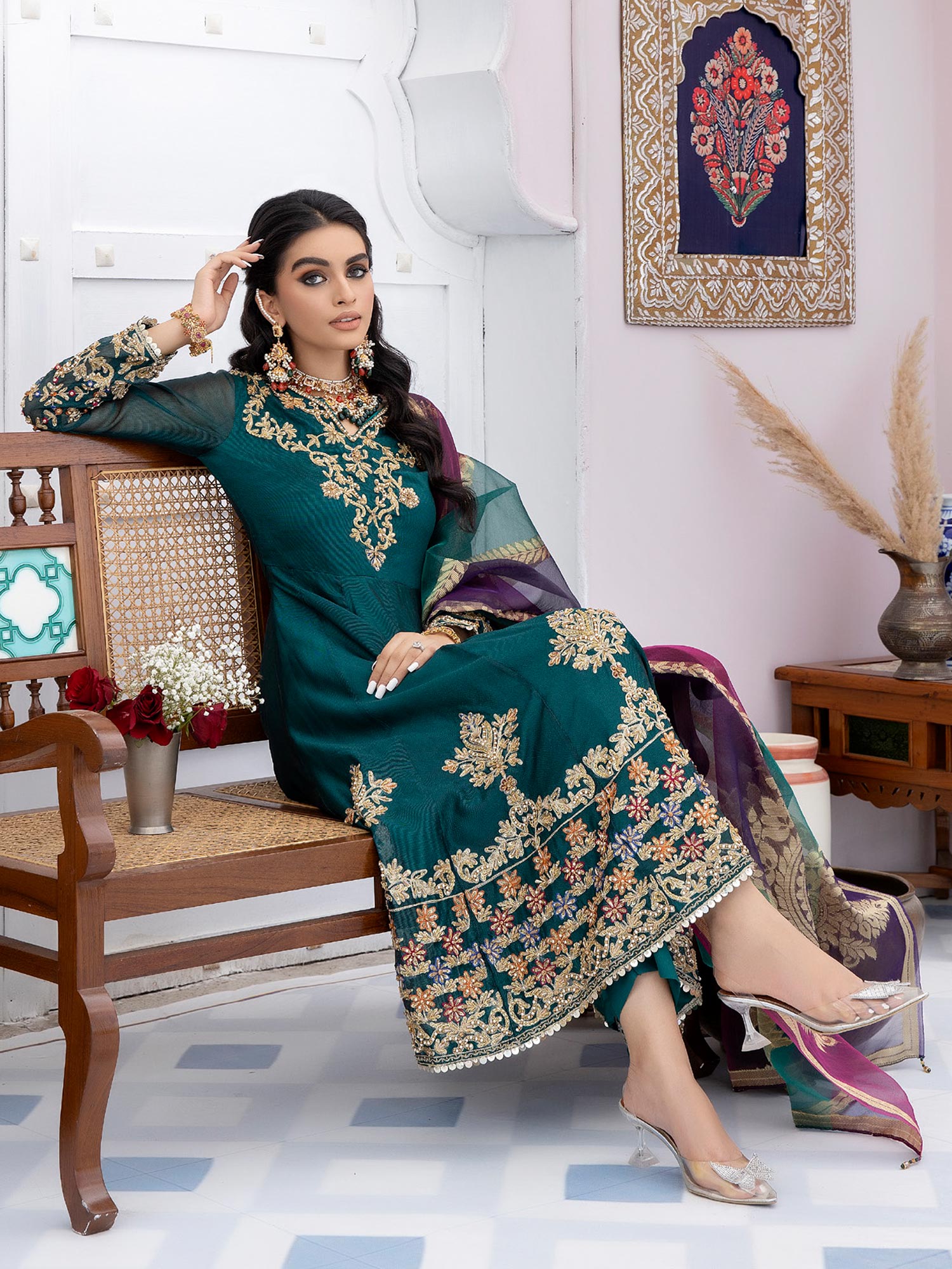 Ally's "Mehbooba" Green Luxury Khaadi Net Long Frock (AL-3523)