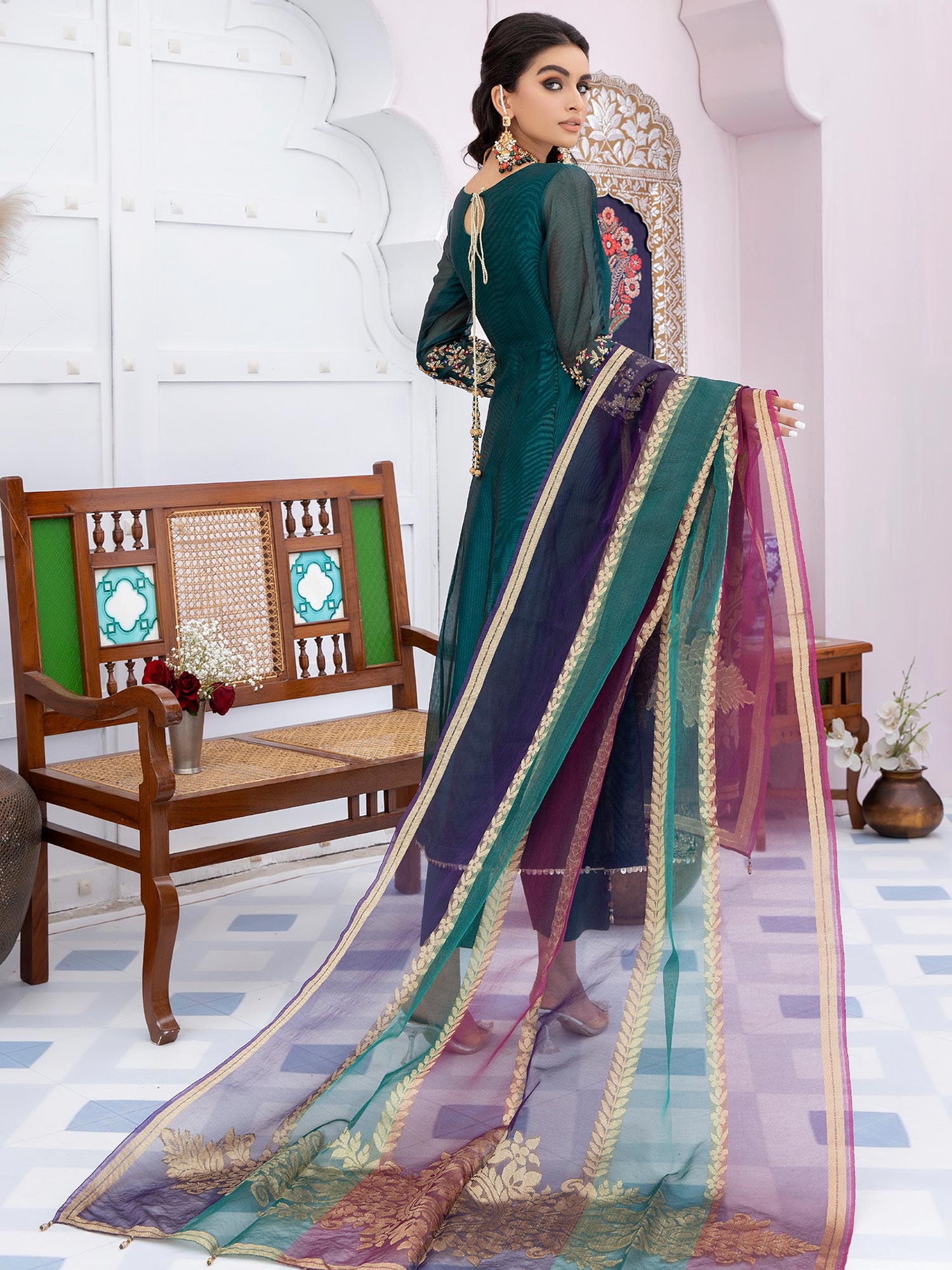 Ally's "Mehbooba" Green Luxury Khaadi Net Long Frock (AL-3523)