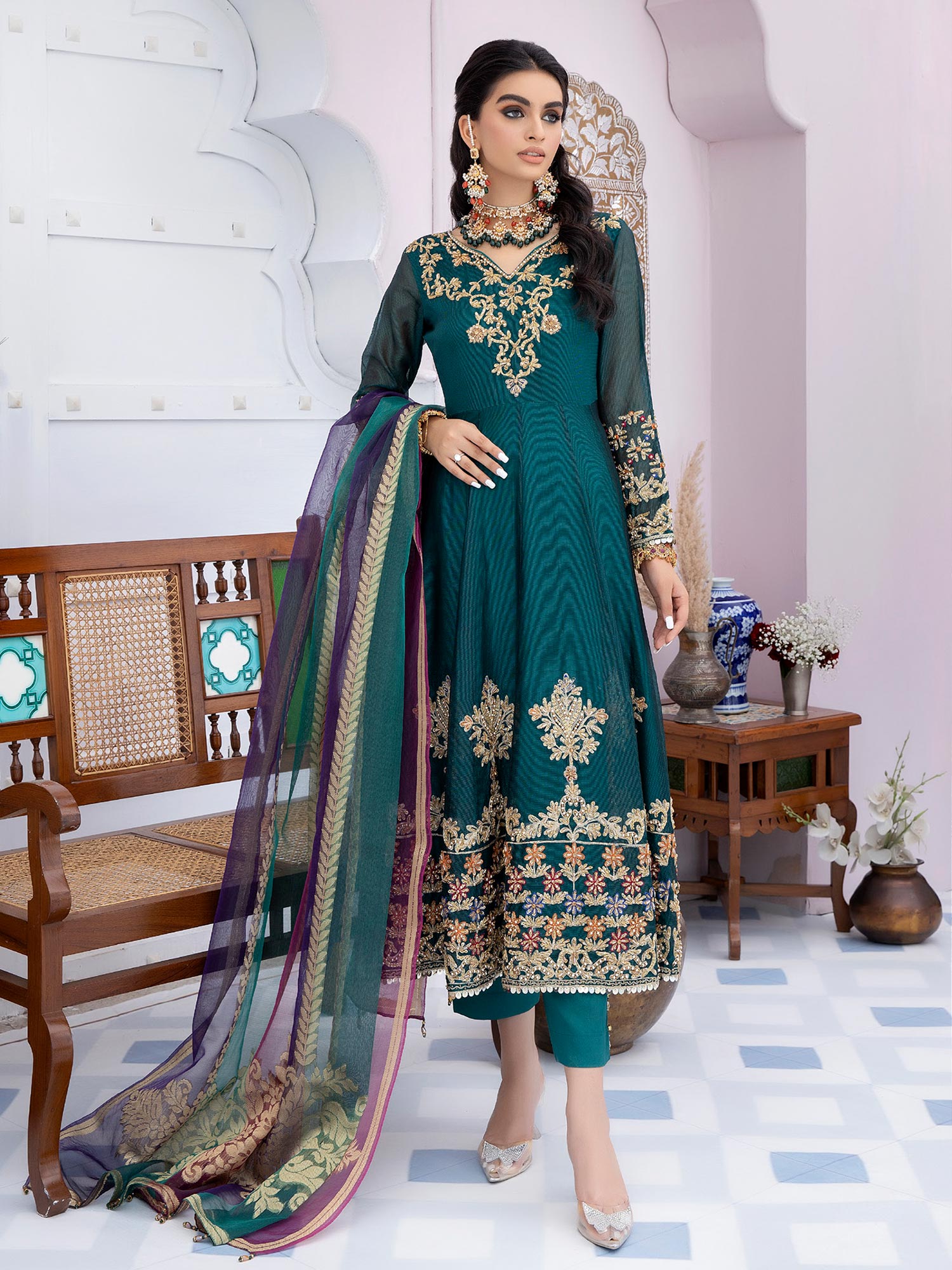 Ally's "Mehbooba" Green Luxury Khaadi Net Long Frock (AL-3523)