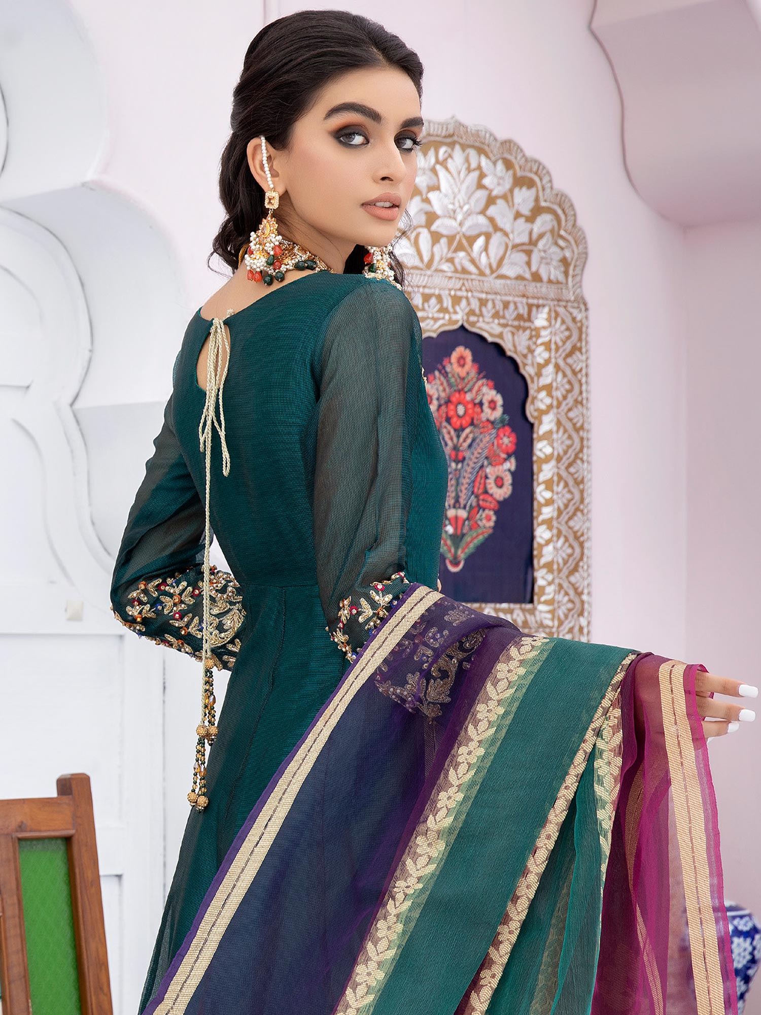 Ally's "Mehbooba" Green Luxury Khaadi Net Long Frock (AL-3523)