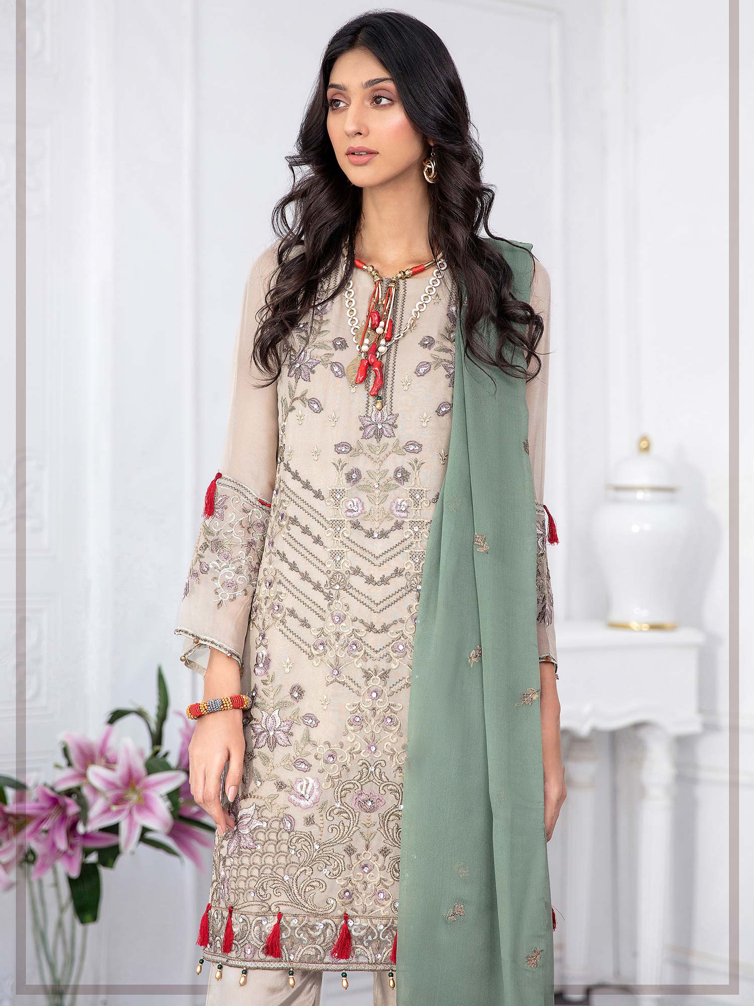 Simrans Vol-5 Beige Chiffon Embroidered Suit